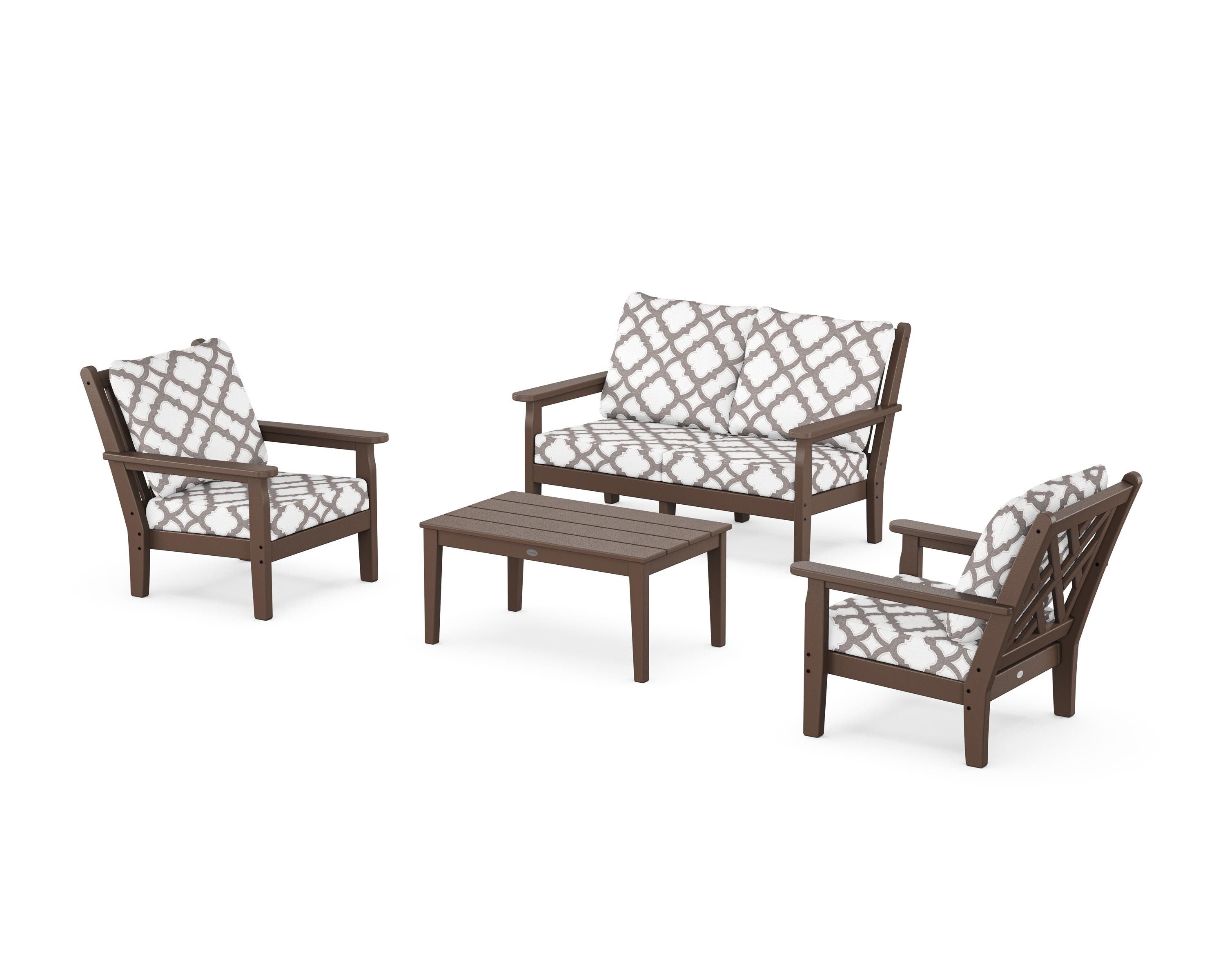 POLYWOOD® Chippendale 4-Piece Deep Seating Set with Loveseat in Mahogany / Trellis Grey Mist