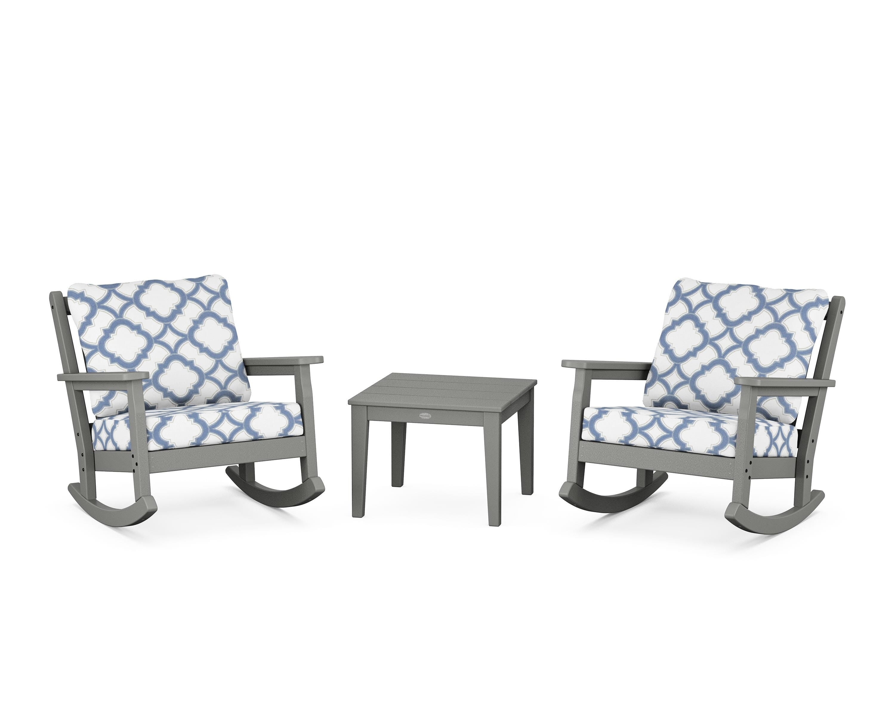 POLYWOOD® Chippendale 3-Piece Deep Seating Rocker Set in Slate Grey / Trellis Sky Blue