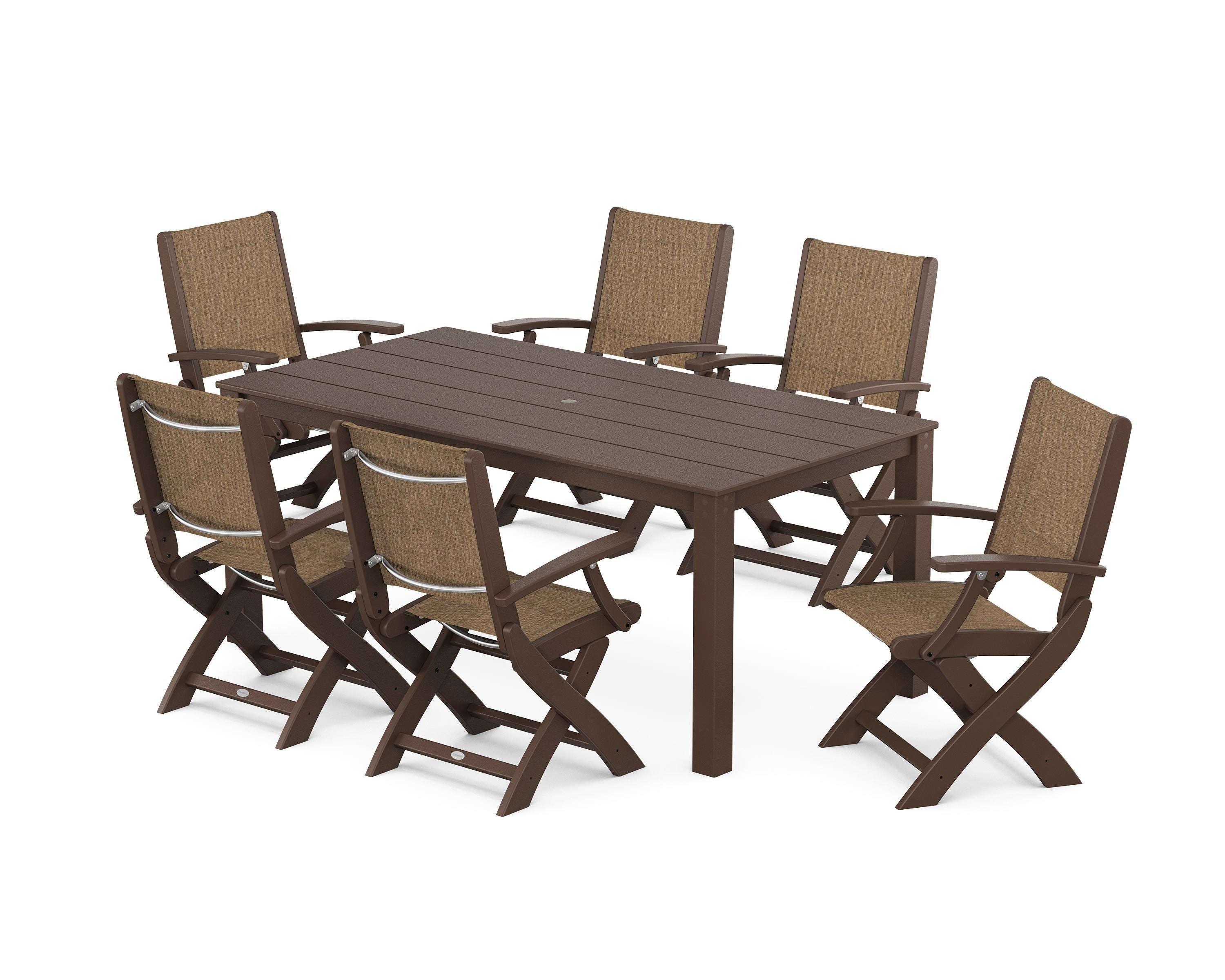 POLYWOOD® Coastal Folding Chair 7-Piece Parsons Dining Set in Mahogany / Burlap Sling