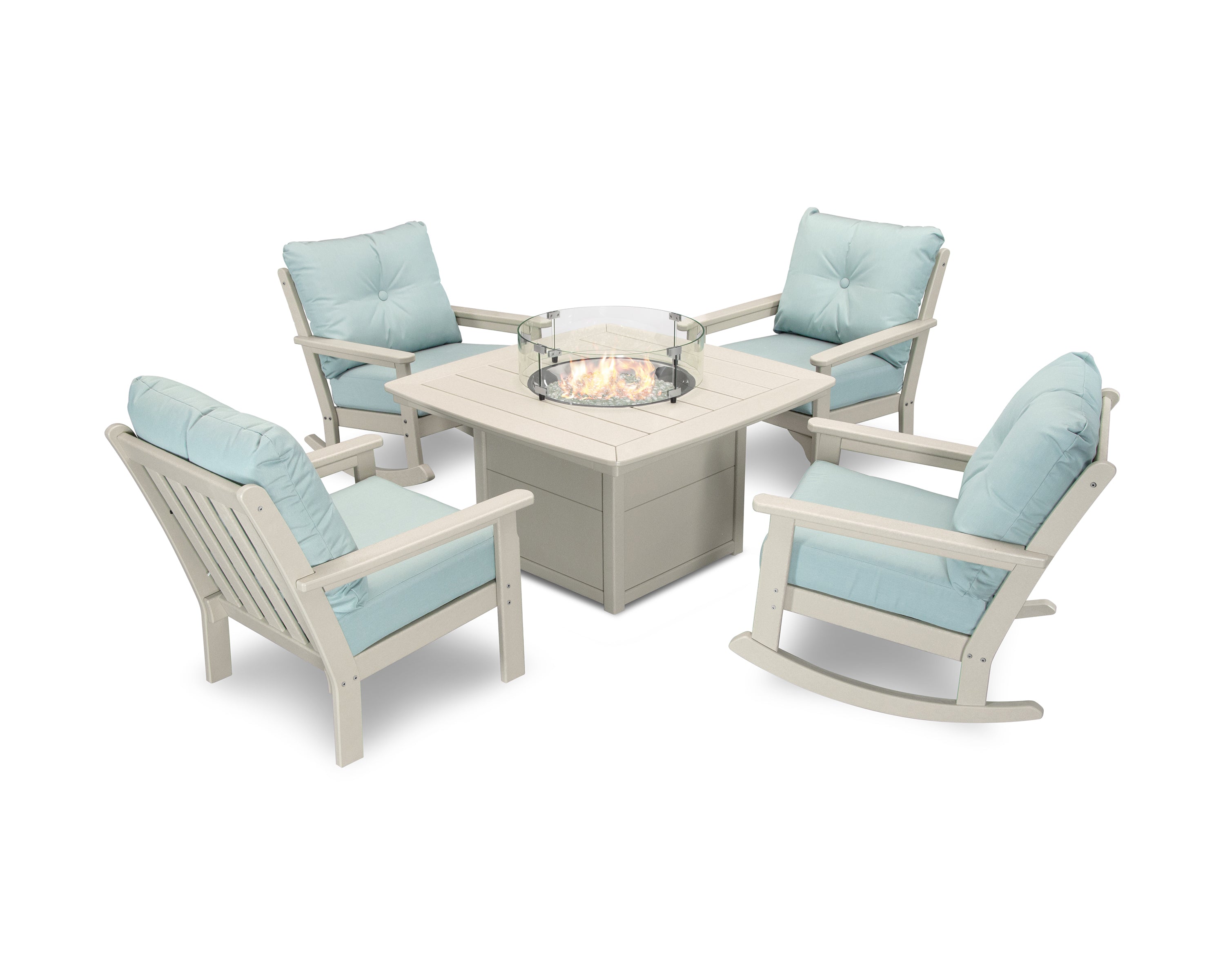 POLYWOOD® Vineyard 5-Piece Deep Seating Rocking Chair Conversation Set with Fire Pit Table in Sand / Spa