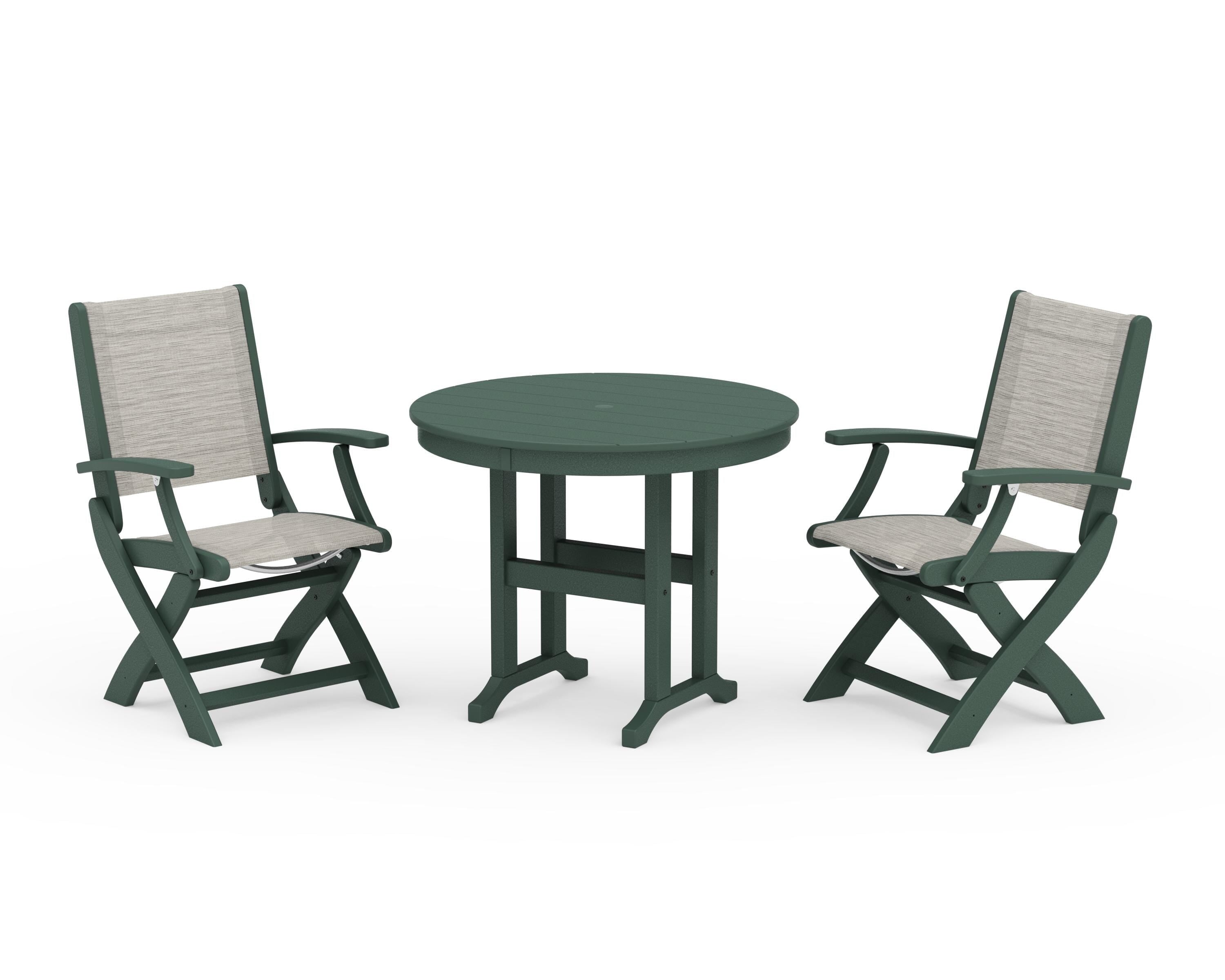 POLYWOOD® Coastal Folding Chair 3-Piece Round Dining Set in Green / Birch Sling
