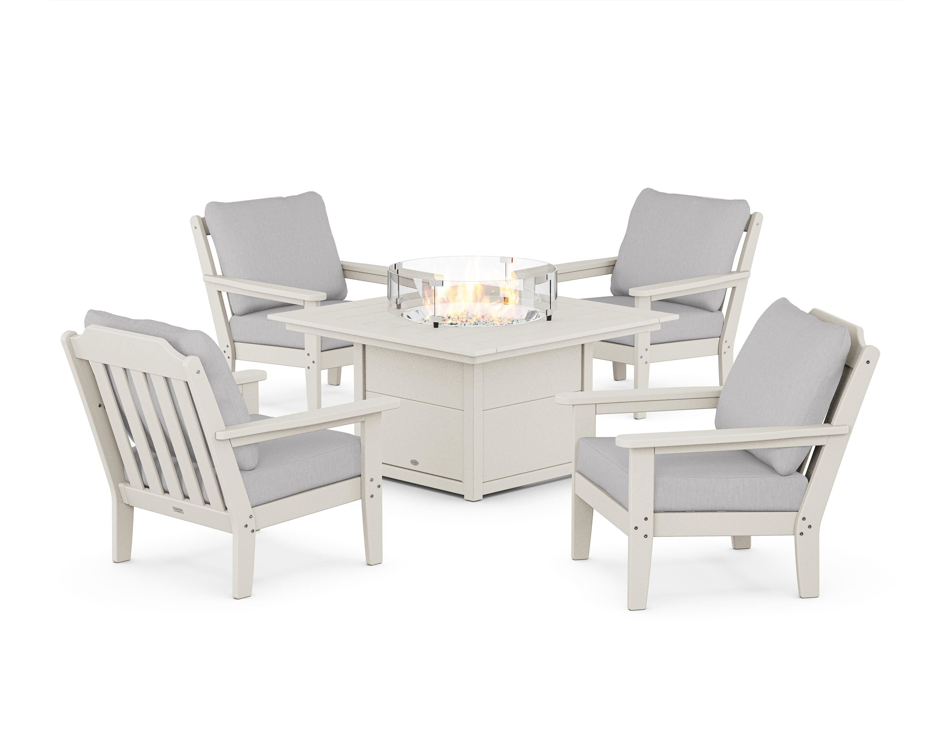 Country Living Cottage 5-Piece Deep Seating Set with Fire Pit Table in Sand / Granite