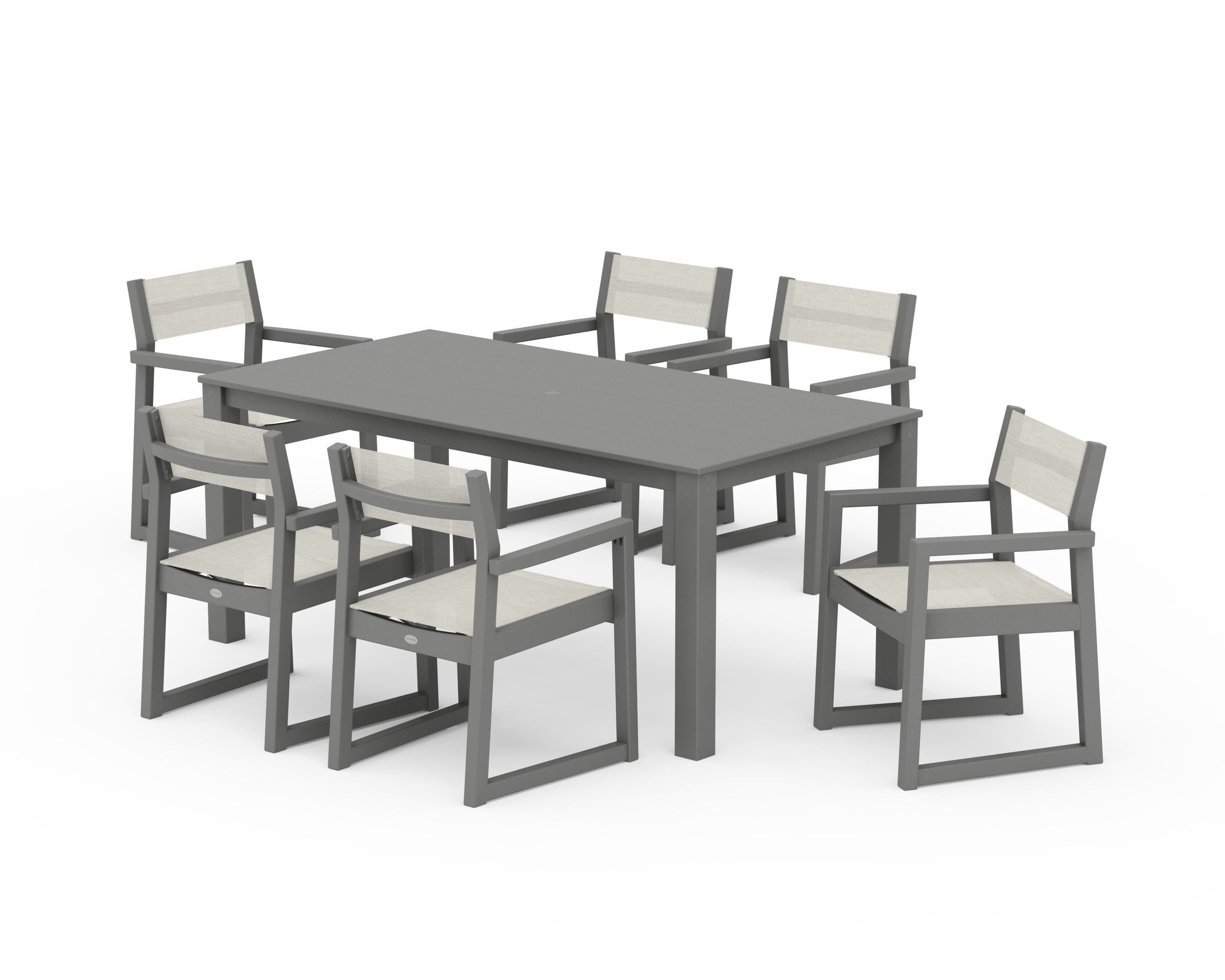 POLYWOOD® EDGE Sling Arm Chair 7-Piece Parsons Dining Set in Slate Grey / Parchment Sling