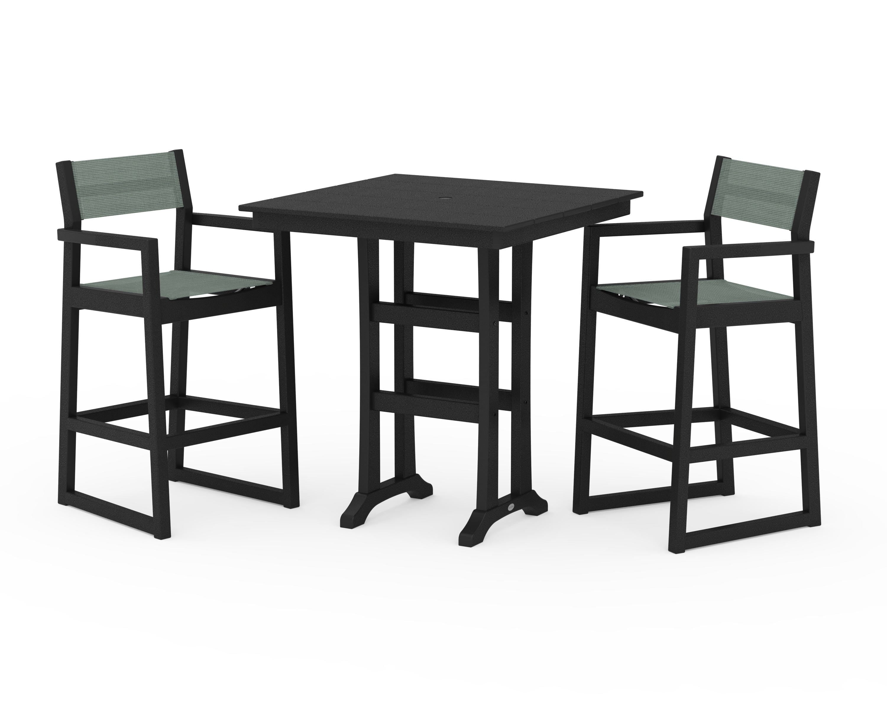 POLYWOOD® EDGE Sling Arm Chair 3-Piece Farmhouse Bar Set with Trestle Legs in Black / Dupioni Sea Mist Sling