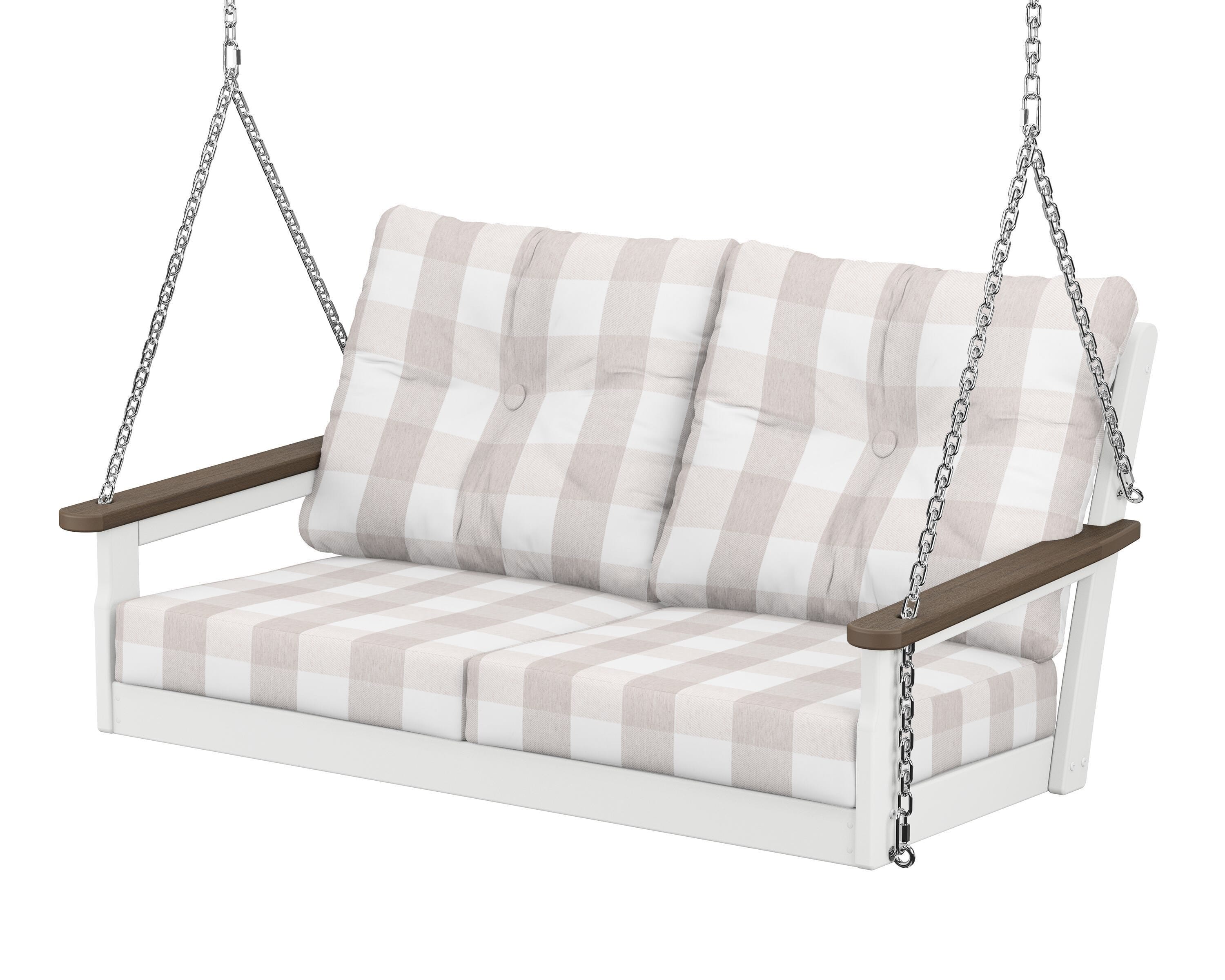 POLYWOOD® Vineyard Deep Seating Swing in White / Kona / Buffalo Plaid Dune Burlap