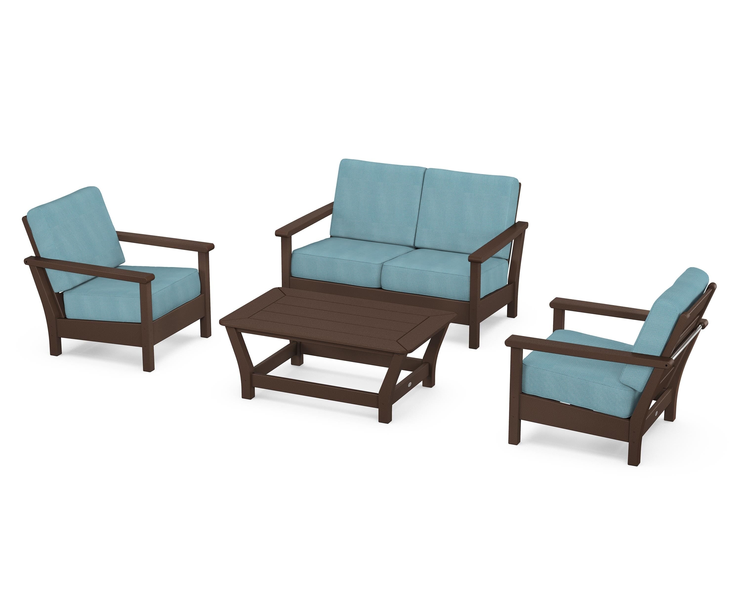 POLYWOOD® Harbour 4-Piece Deep Seating Set in Mahogany / Lattice Sky Blue