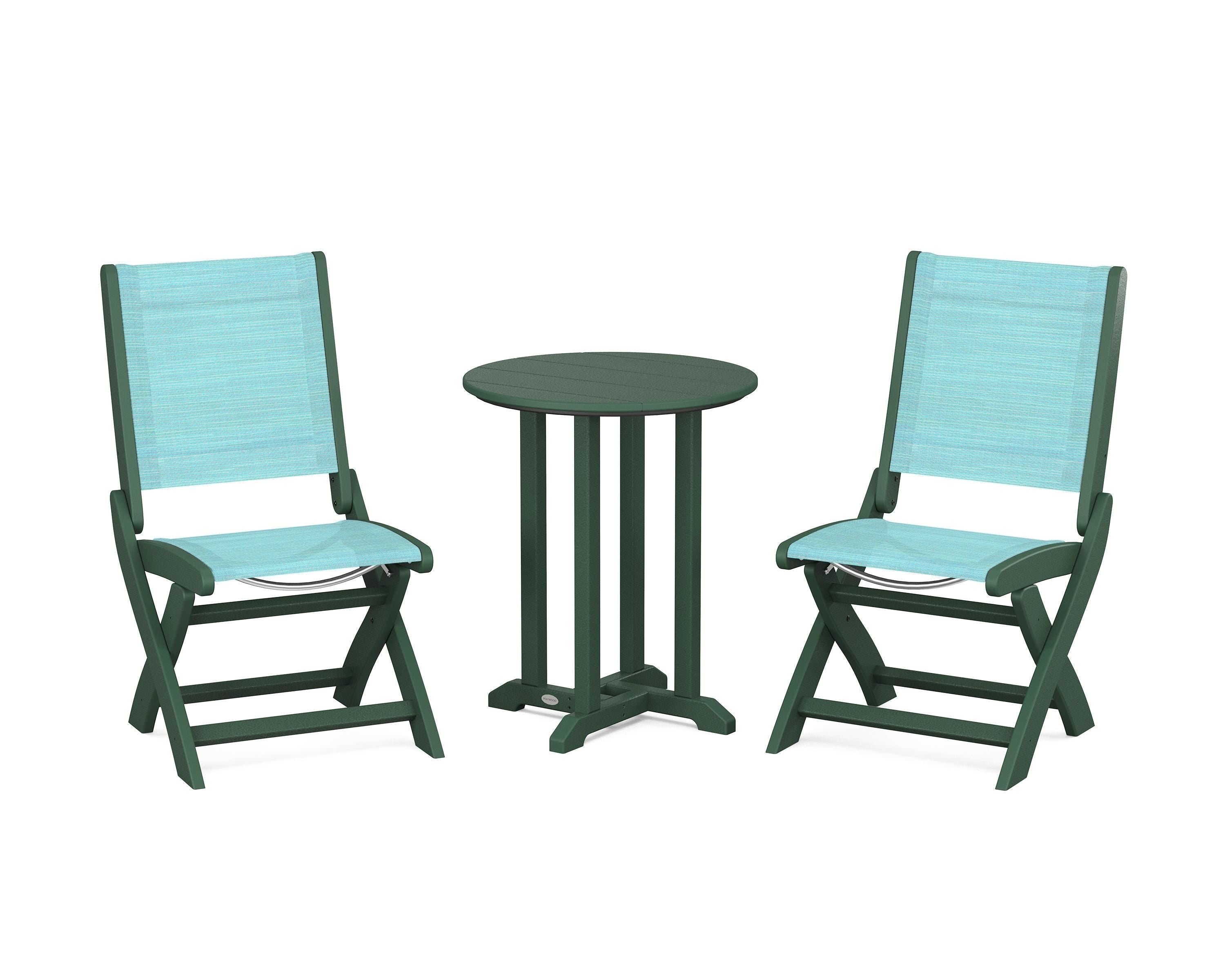 POLYWOOD® Coastal Folding Side Chair 3-Piece Round Bistro Dining Set in Green / Dupioni Aquamarine Sling