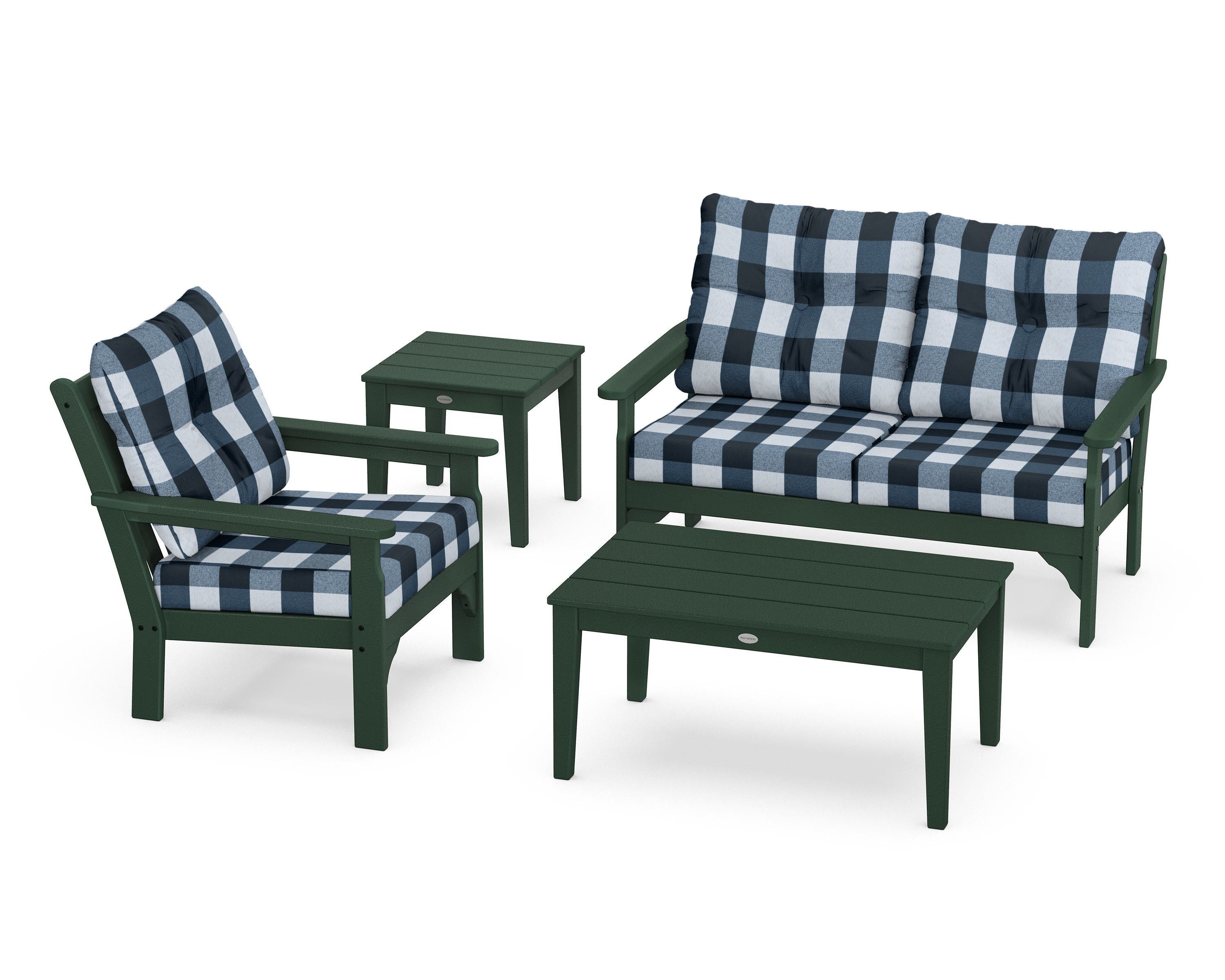POLYWOOD® Vineyard 4-Piece Deep Seating Set in Green / Buffalo Plaid Marine Indigo