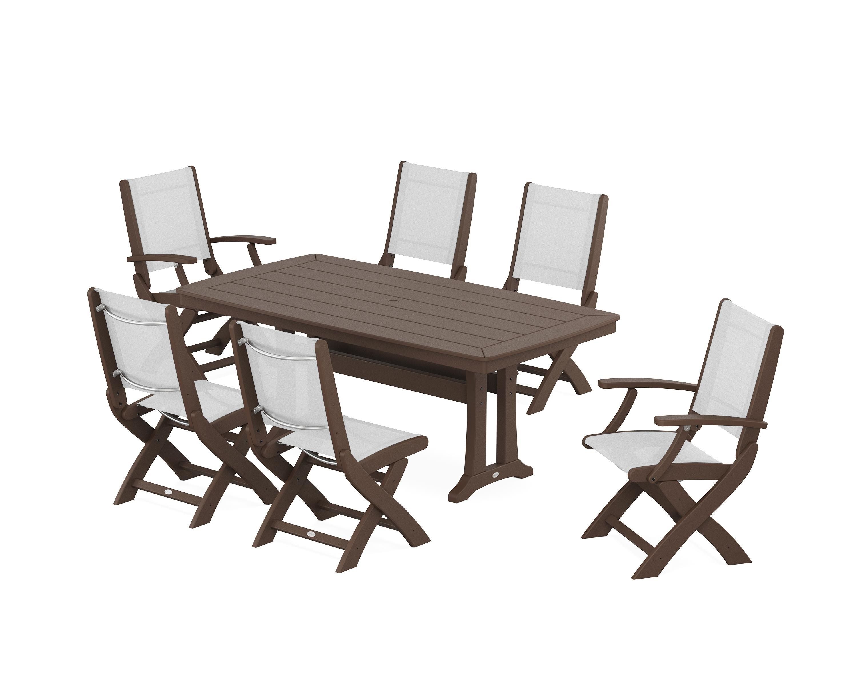 POLYWOOD® Coastal Folding Chair 7-Piece Dining Set with Trestle Legs in Mahogany / White Sling