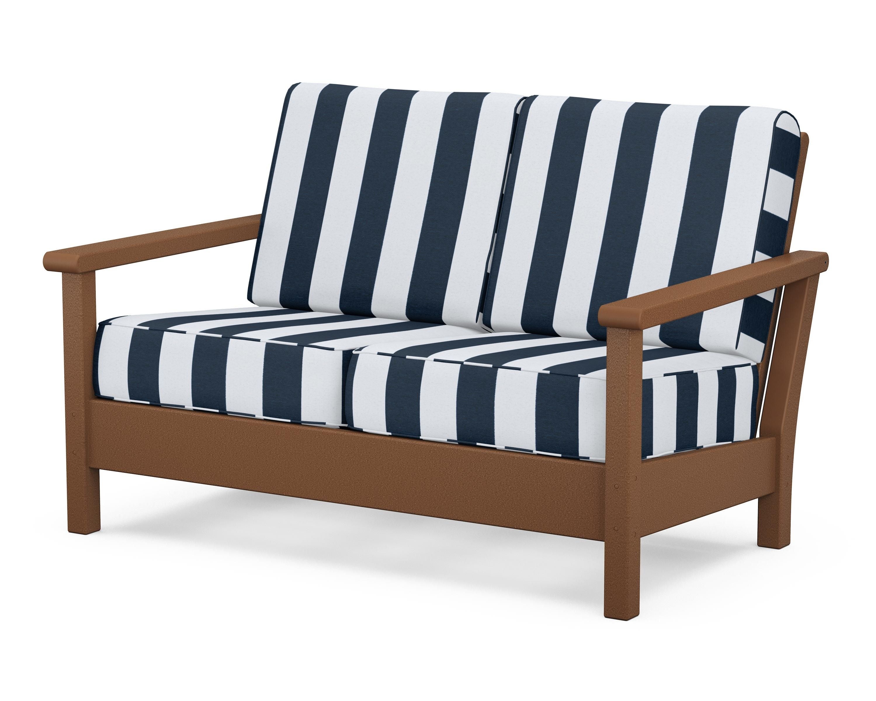 POLYWOOD® Harbour Deep Seating Loveseat in Teak / Cabana Stripe Marine Indigo