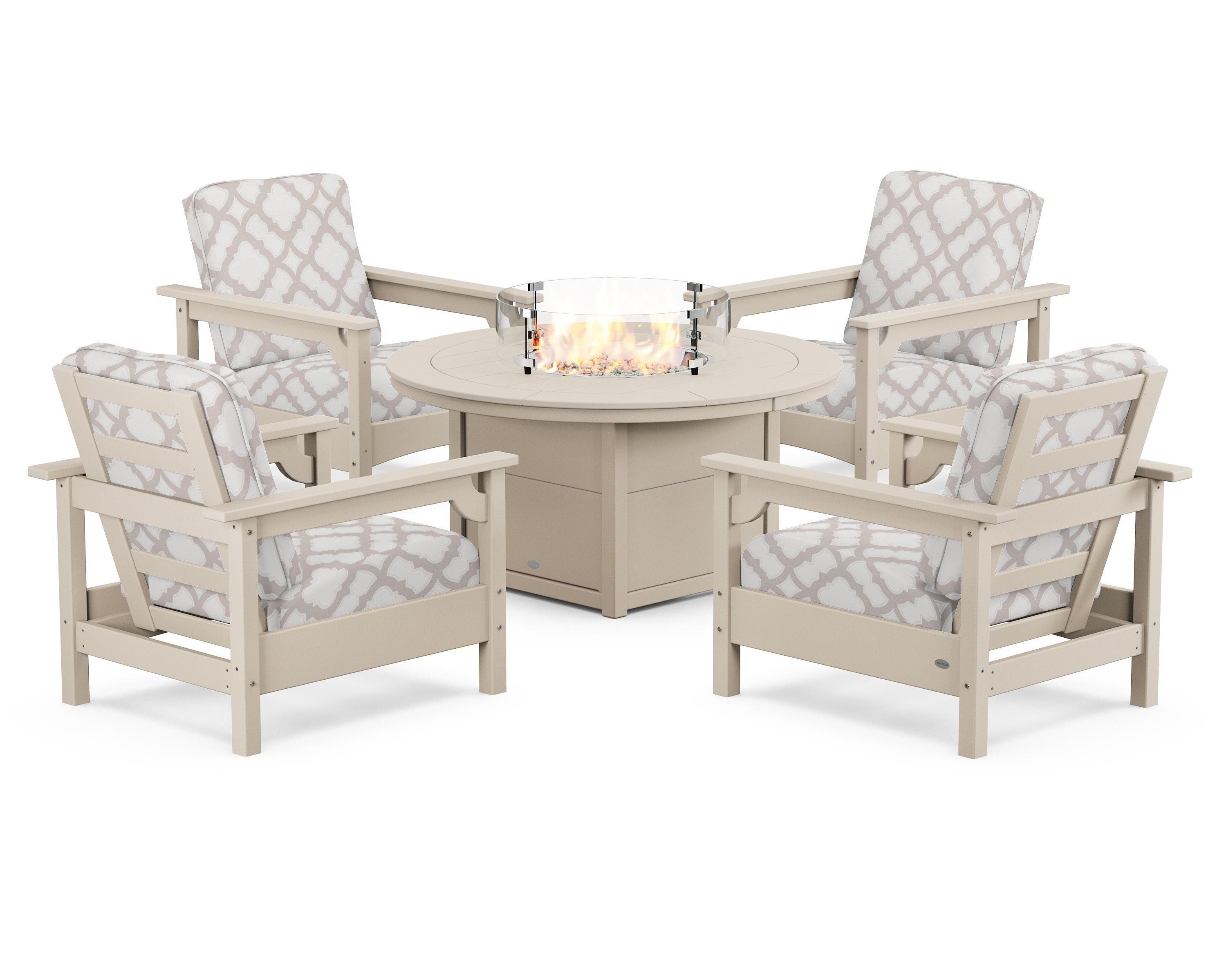 POLYWOOD® Club 5-Piece Conversation Set with Fire Pit Table in Sand / Trellis Dune Burlap