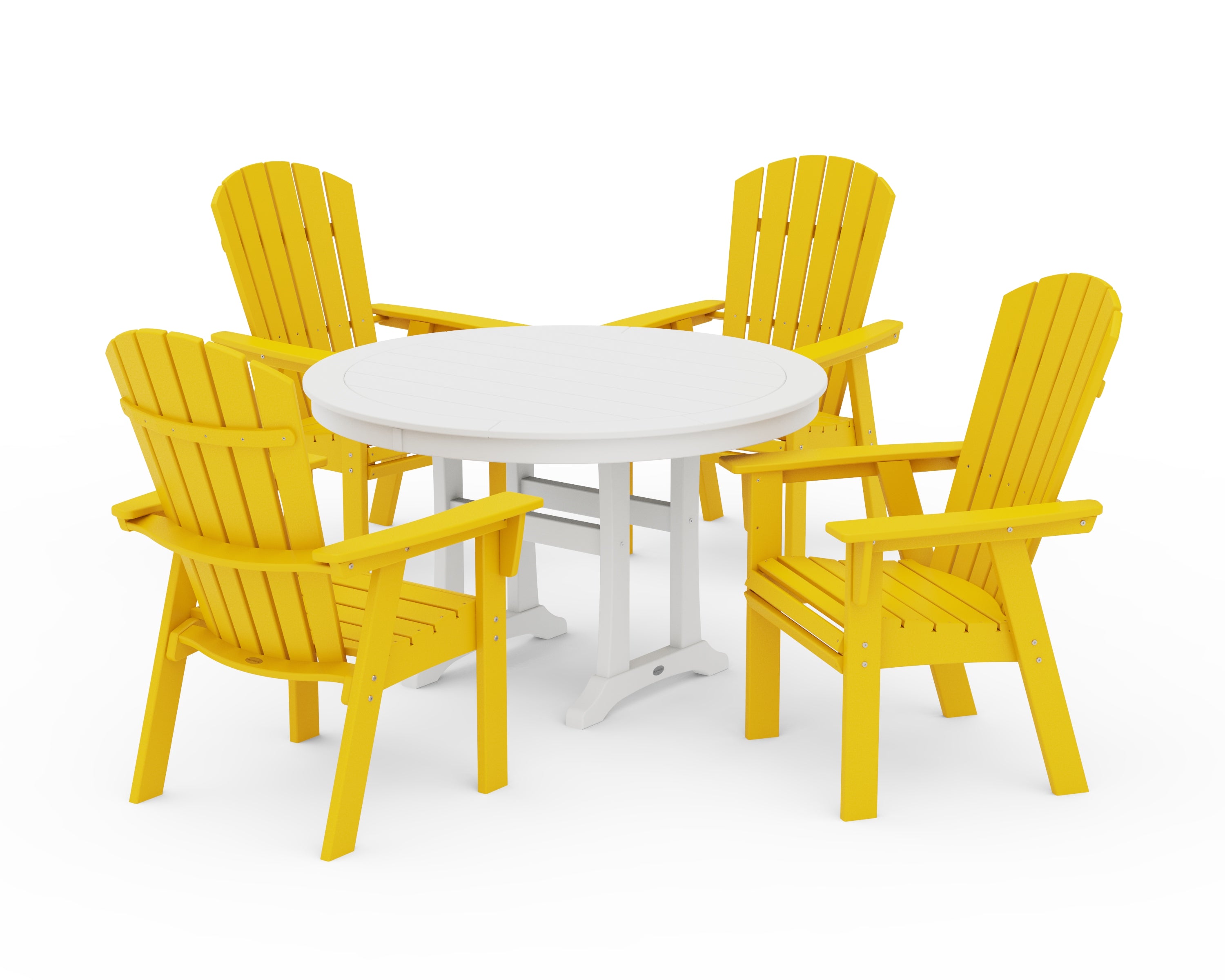 POLYWOOD® Nautical Curveback Adirondack 5-Piece Round Dining Set with Trestle Legs in Lemon / White