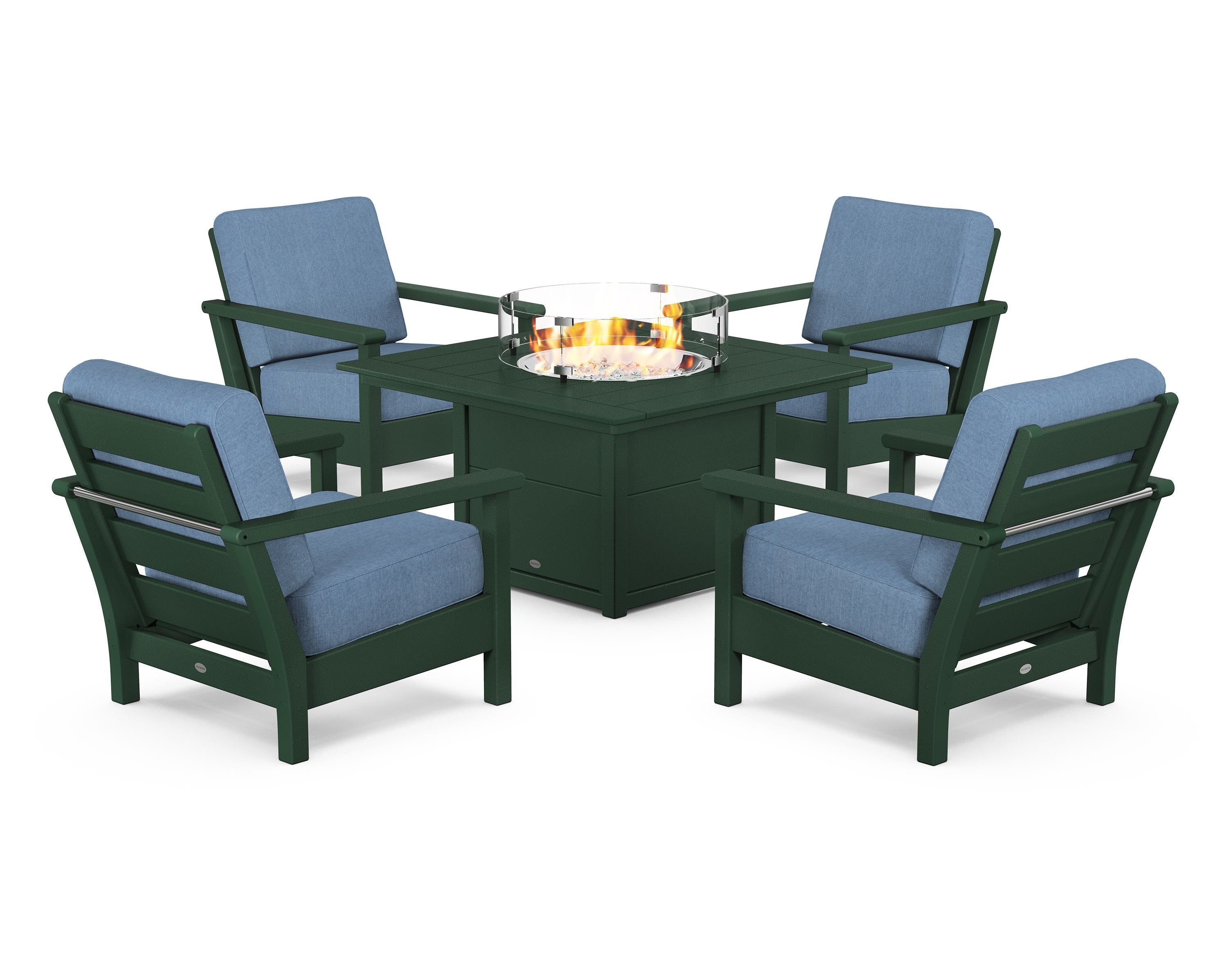 POLYWOOD® Harbour 5-Piece Conversation Set with Fire Pit Table in Green / Sky Blue