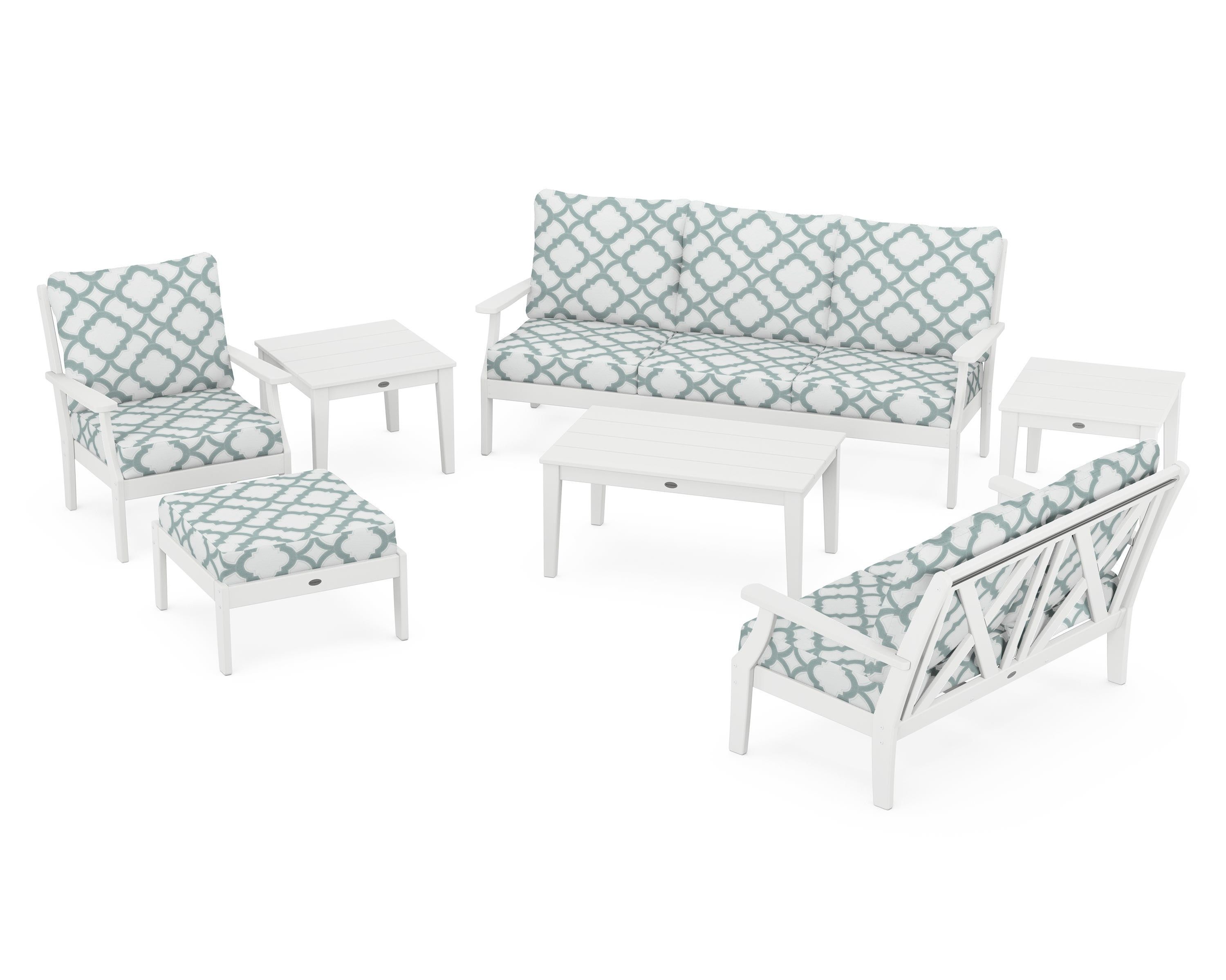 POLYWOOD® Braxton 7-Piece Deep Seating Set in White / Trellis Glacier Spa