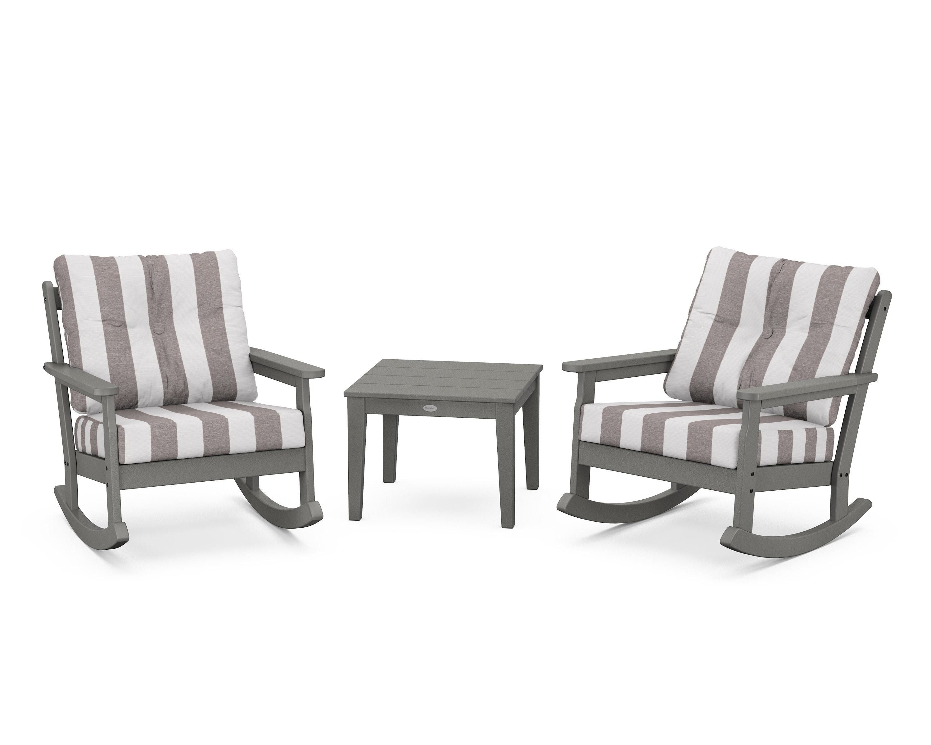 POLYWOOD® Vineyard 3-Piece Deep Seating Rocker Set in Slate Grey / Cabana Stripe Grey Mist