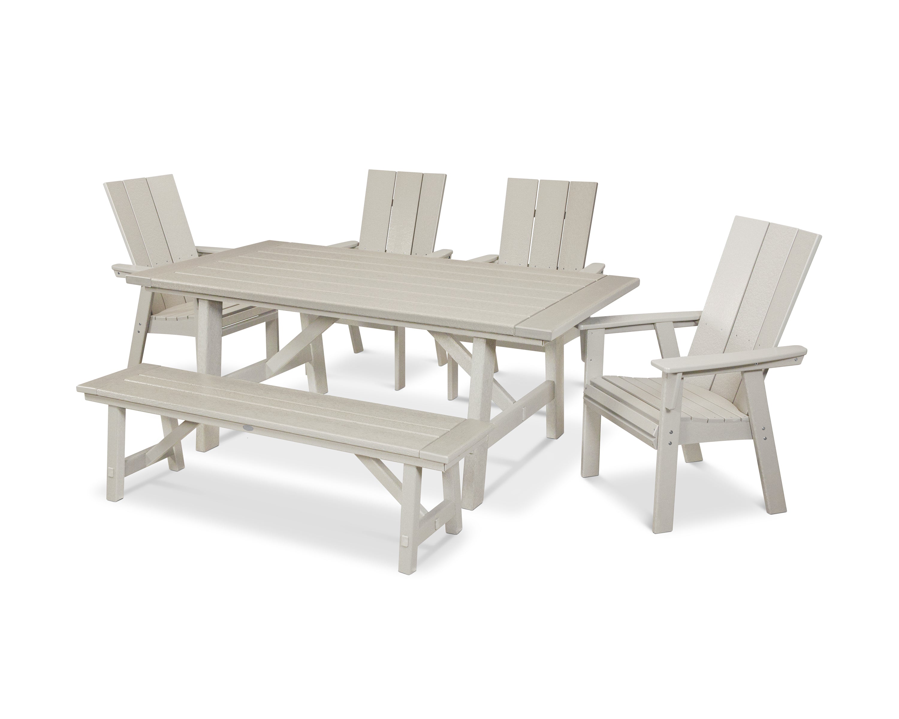 POLYWOOD® Modern Curveback Adirondack 6-Piece Rustic Farmhouse Dining Set with Bench in Sand