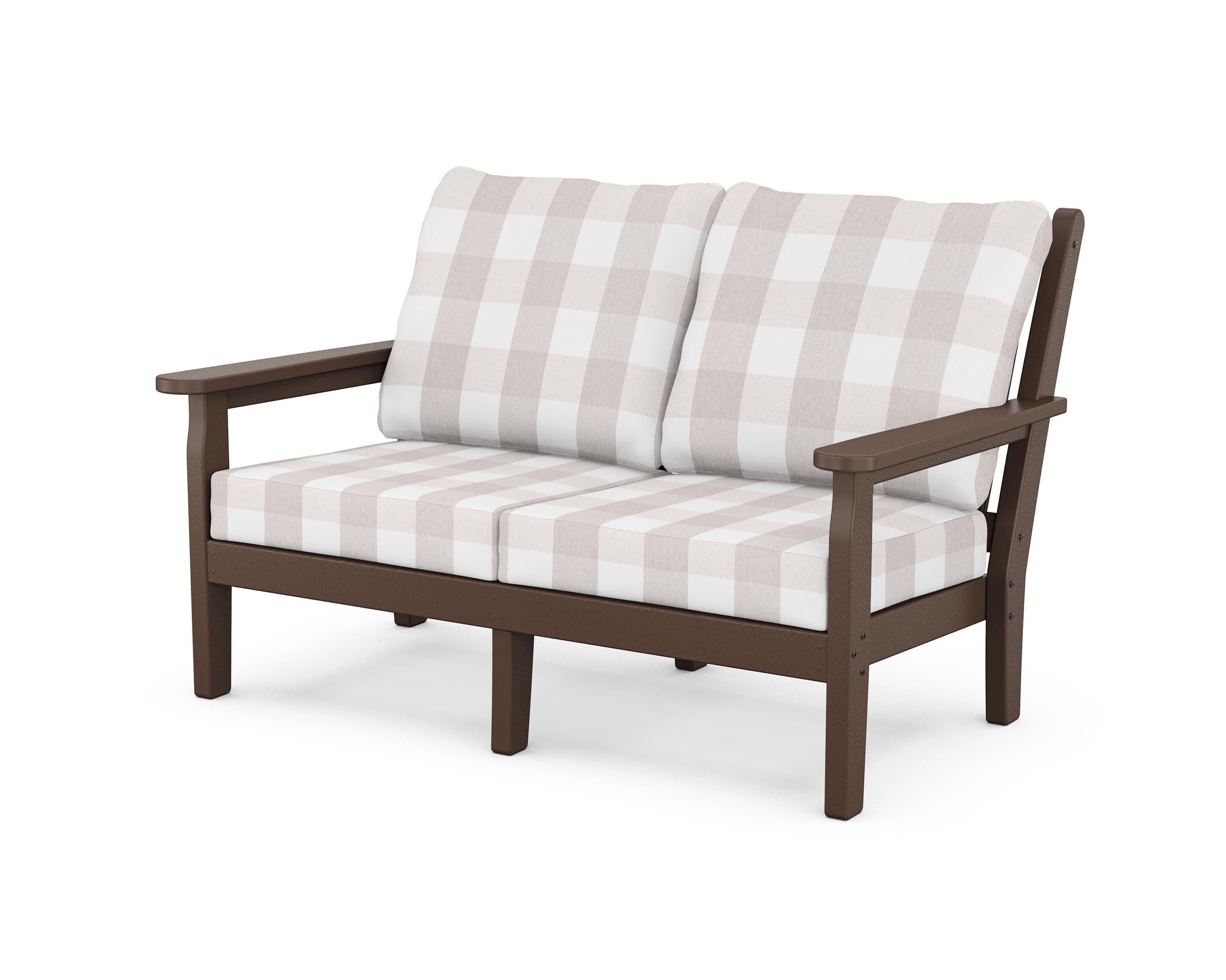 POLYWOOD® Chippendale Deep Seating Loveseat in Mahogany / Buffalo Plaid Dune Burlap