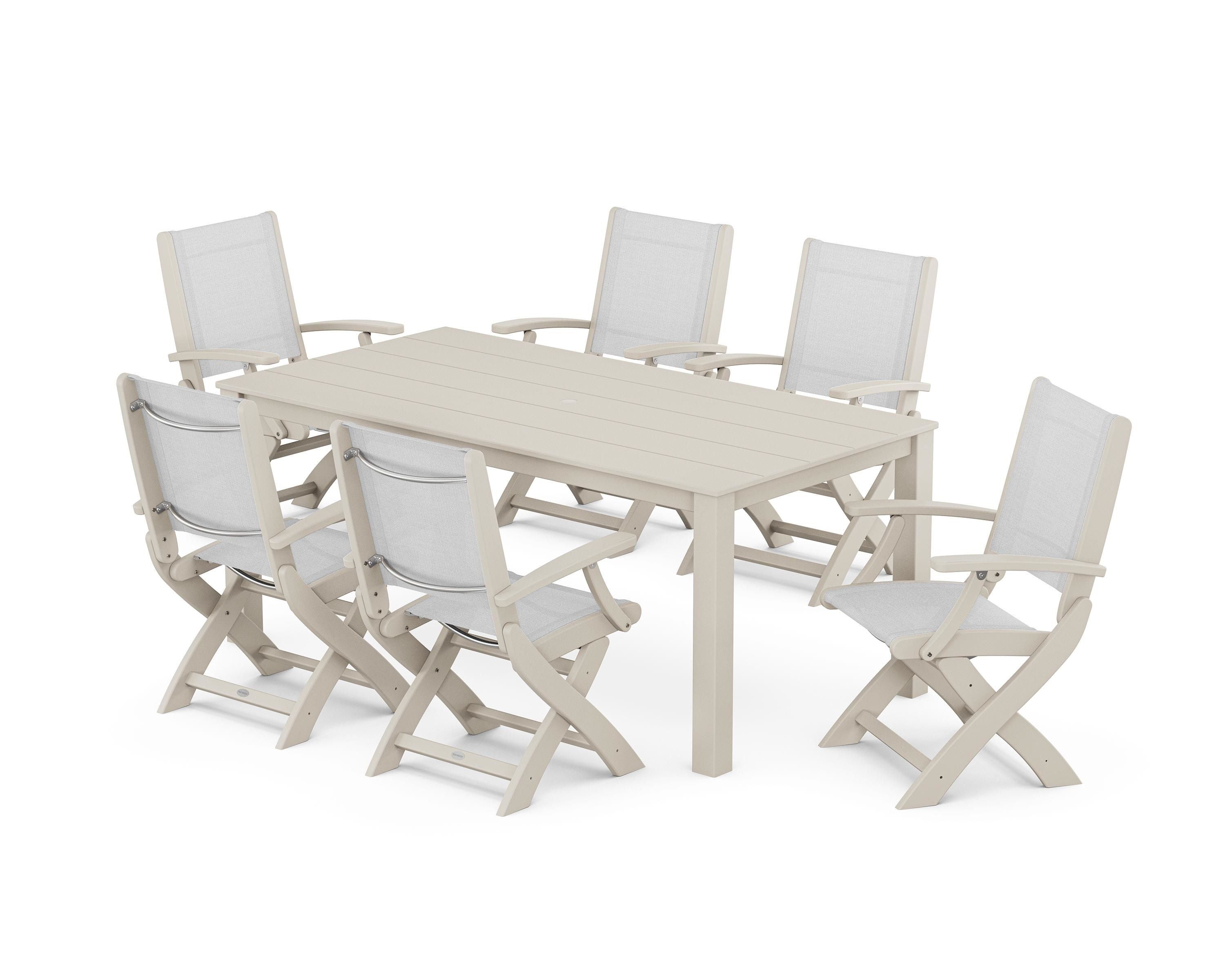 POLYWOOD® Coastal Folding Chair 7-Piece Parsons Dining Set in Sand / White Sling
