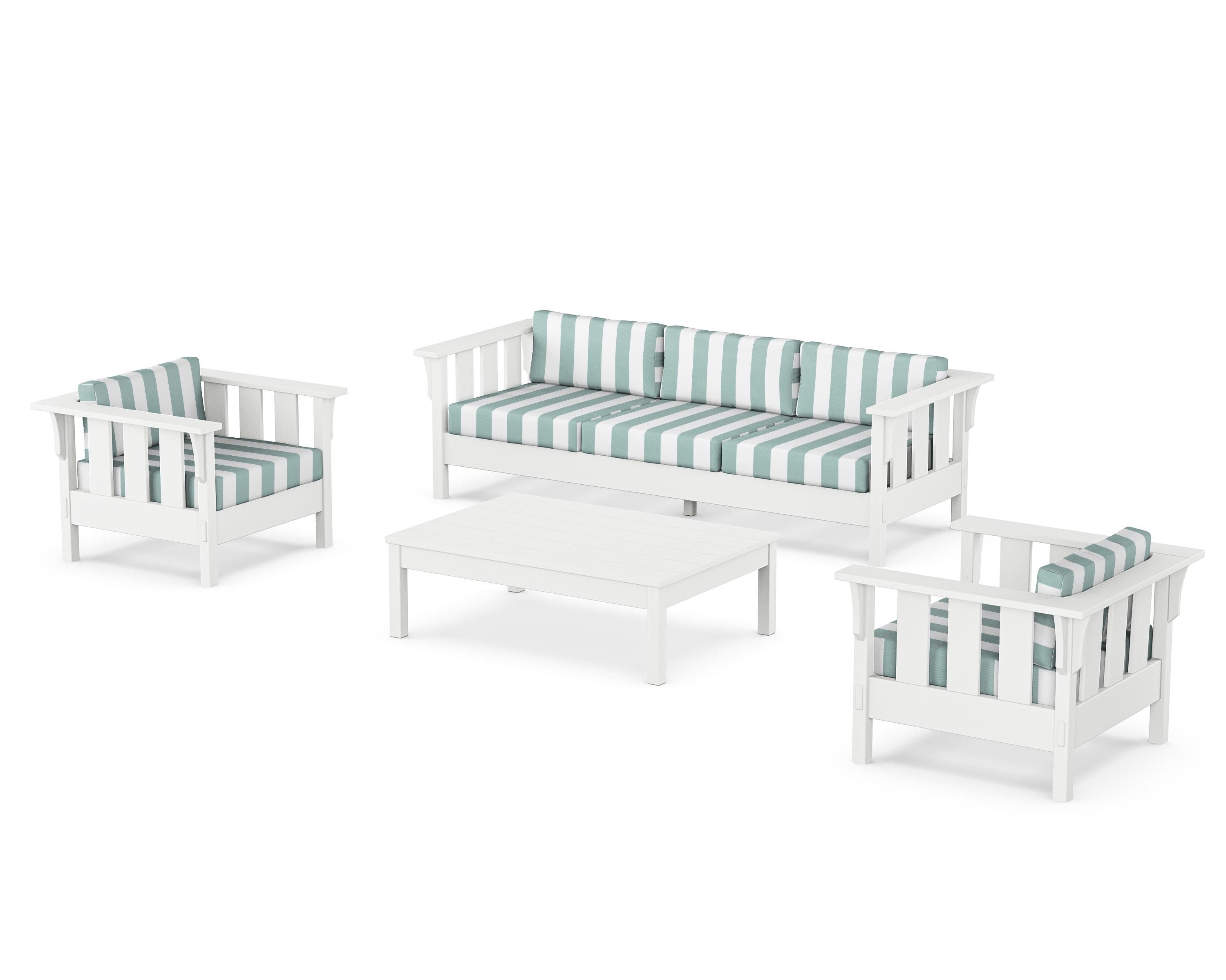 Martha Stewart by POLYWOOD® Acadia 4-Piece Deep Seating Set with Sofa in White / Cabana Stripe Glacier Spa