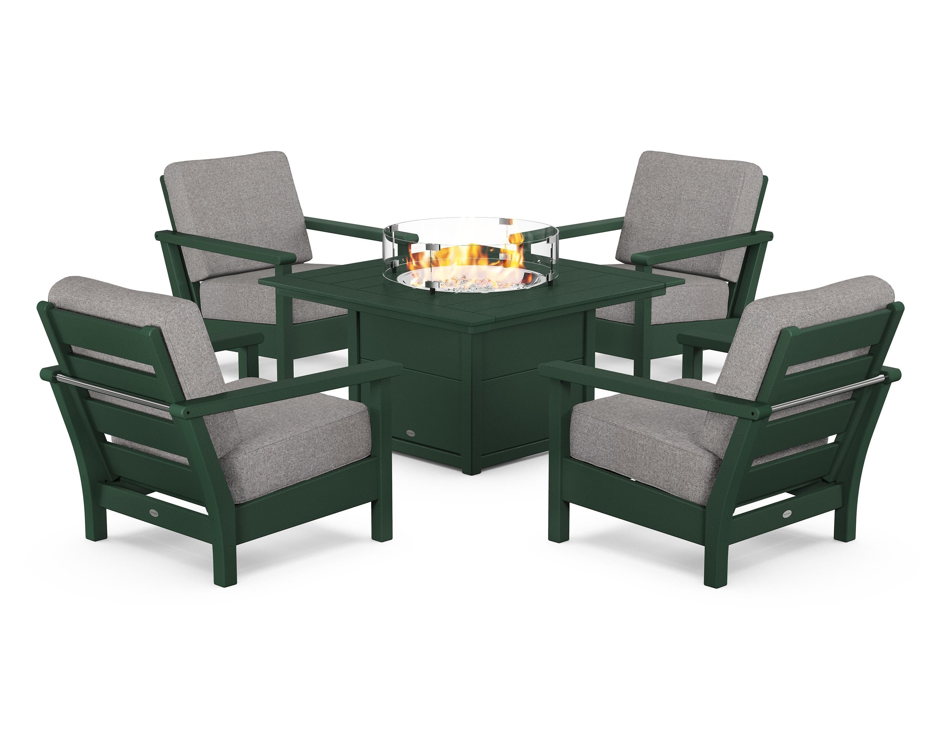POLYWOOD® Harbour 5-Piece Conversation Set with Fire Pit Table in Green / Grey Mist