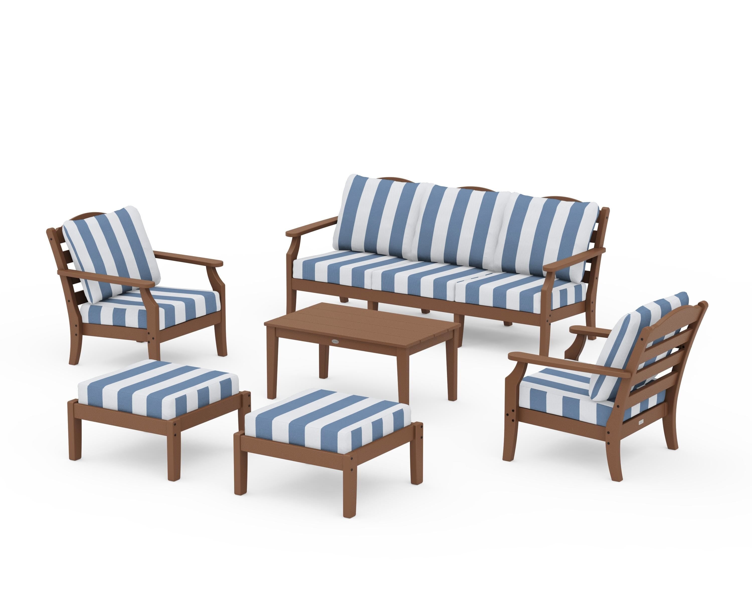 Draper James™ by POLYWOOD® Savannah 6-Piece Lounge Sofa Set in Teak / Cabana Stripe Sky Blue