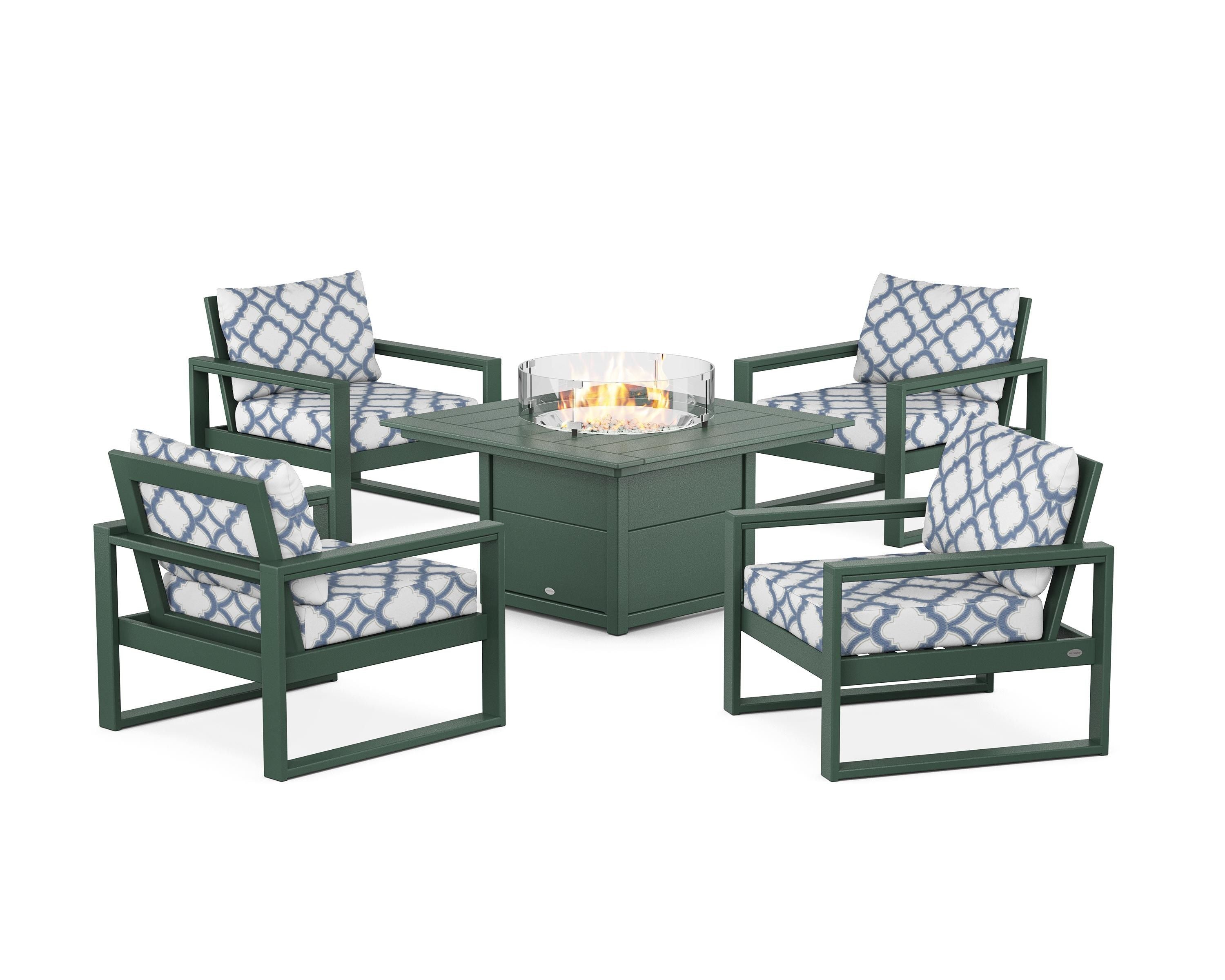 POLYWOOD® EDGE Sectional 5-Piece Deep Seating Set with Fire Pit Table in Green / Trellis Sky Blue