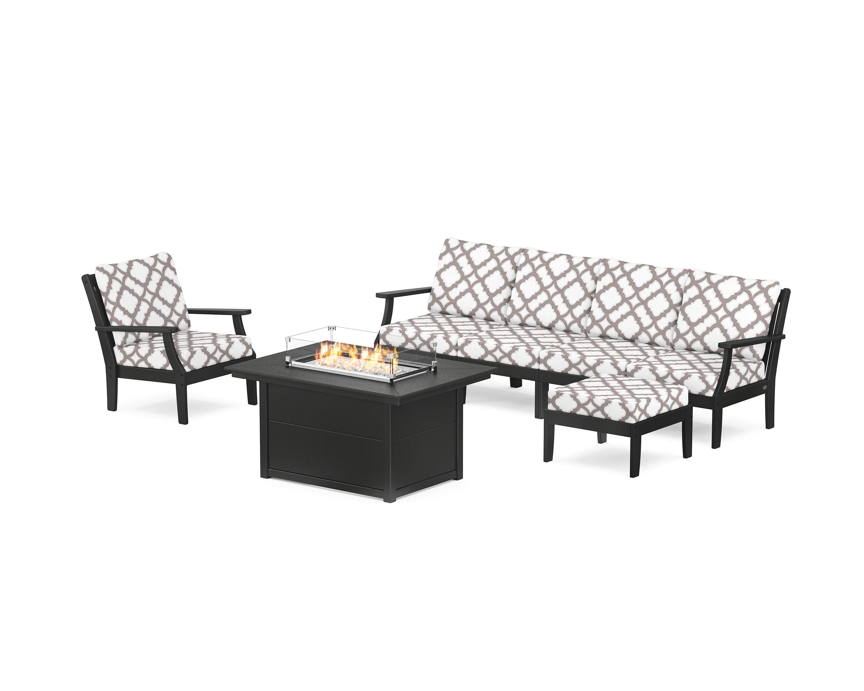 POLYWOOD® Braxton Sectional Lounge and Fire Pit Set in Black / Trellis Grey Mist