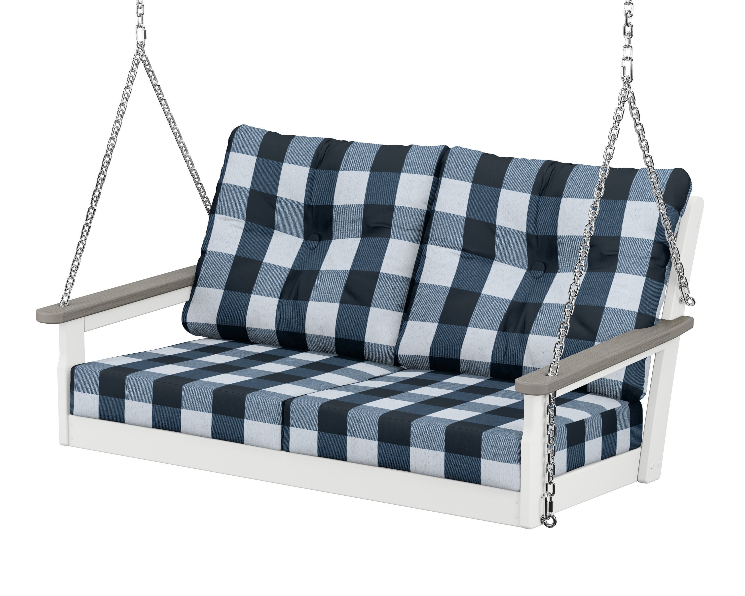 POLYWOOD® Vineyard Deep Seating Swing in White / Driftwood / Buffalo Plaid Marine Indigo