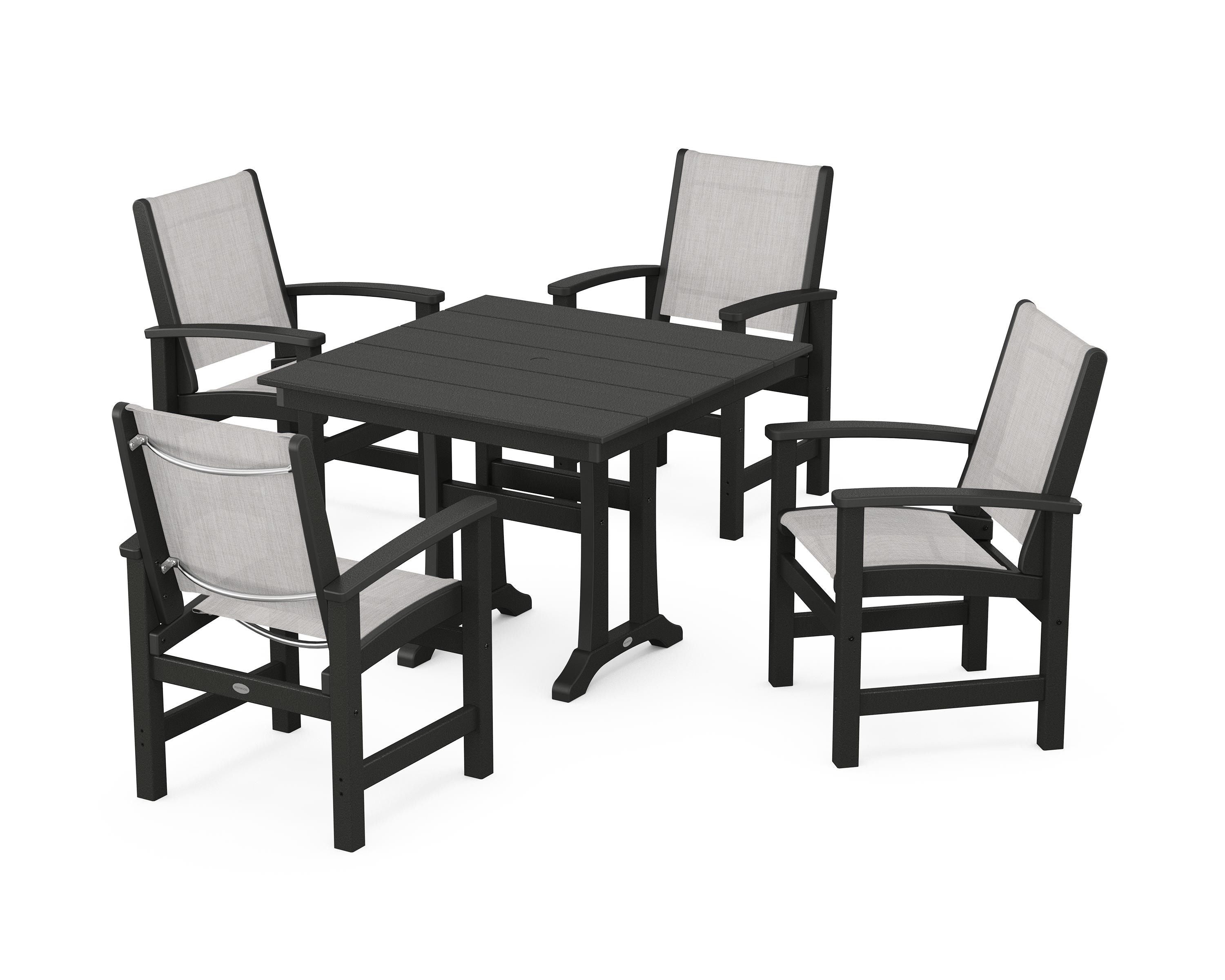 POLYWOOD® Coastal 5-Piece Farmhouse Dining Set With Trestle Legs in Black / Parchment Sling