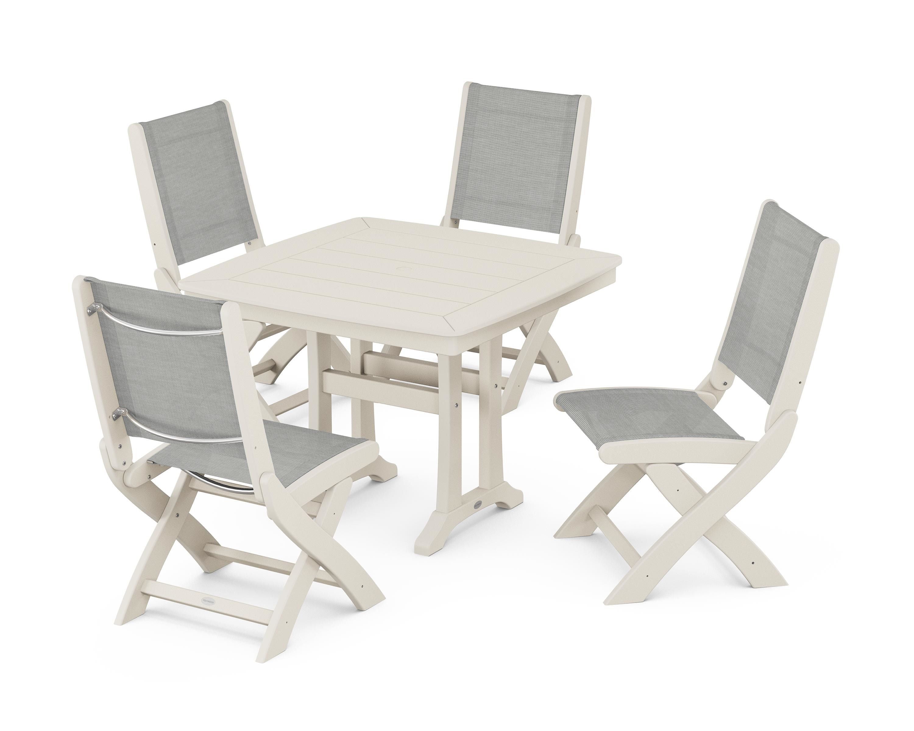 POLYWOOD® Coastal Folding Side Chair 5-Piece Dining Set with Trestle Legs in Sand / Metallic Sling