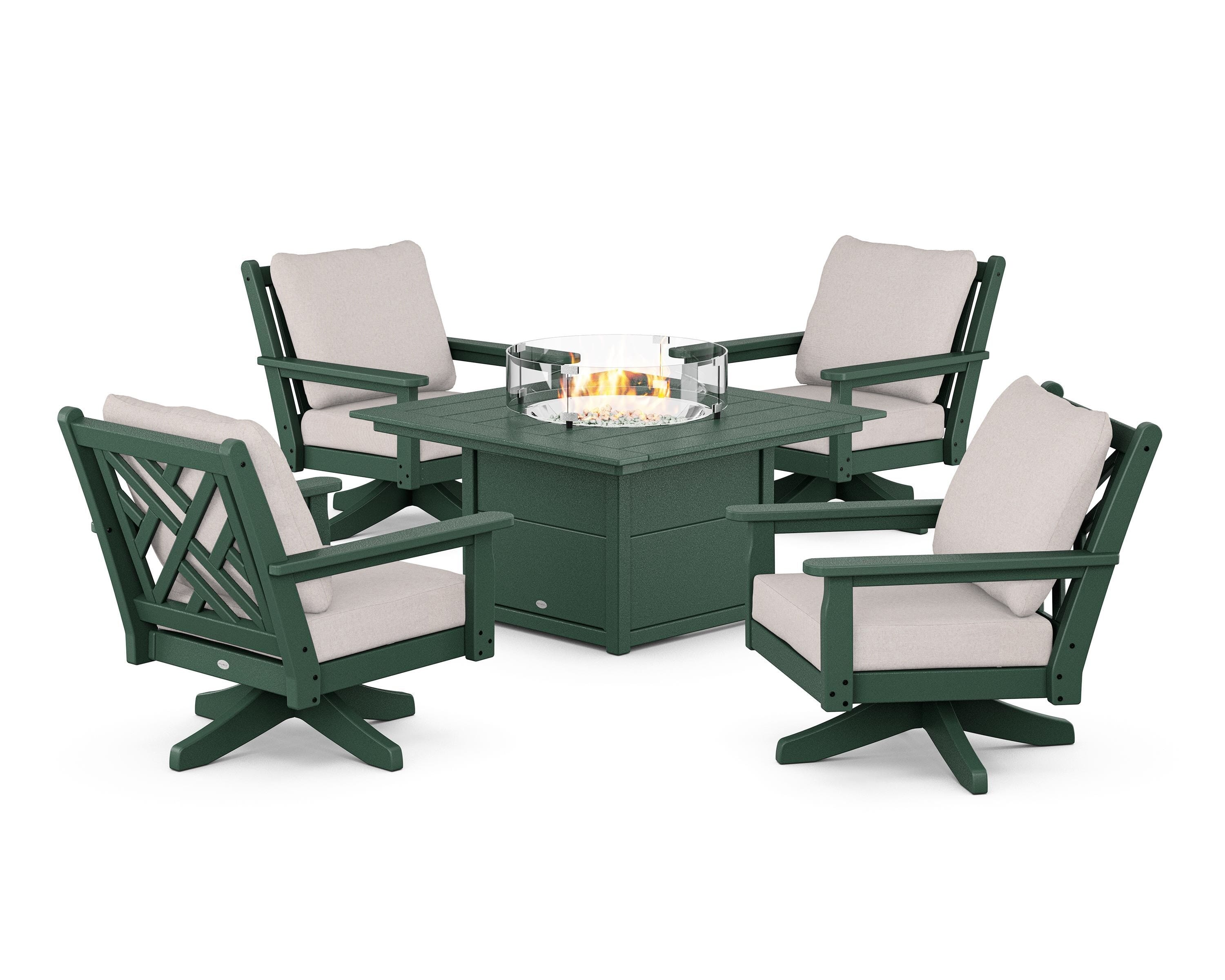 POLYWOOD® Chippendale 5-Piece Deep Seating Swivel Conversation Set with Fire Pit Table in Green / Dune Burlap