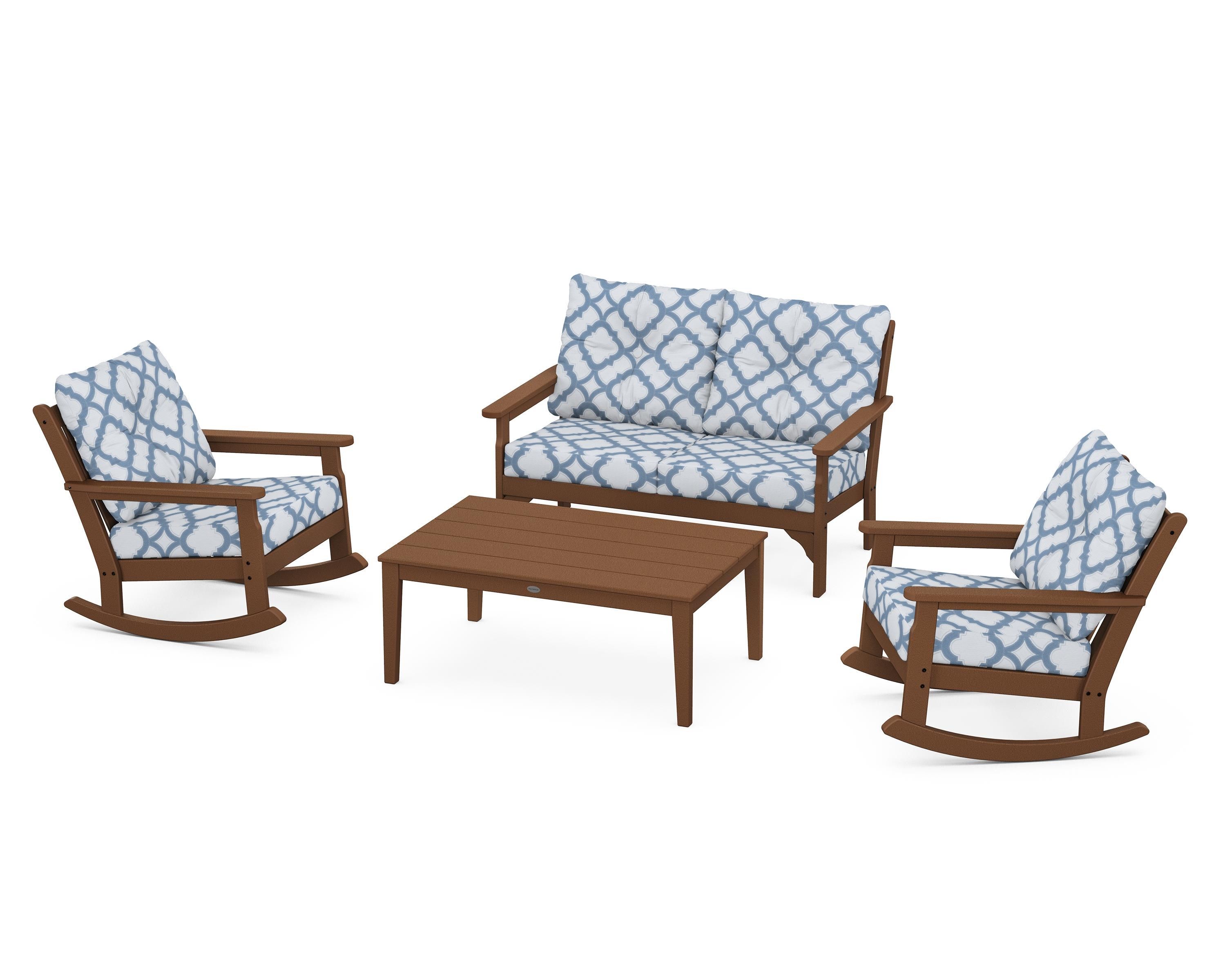 POLYWOOD® Vineyard 4-Piece Deep Seating Rocking Chair Set in Teak / Trellis Sky Blue
