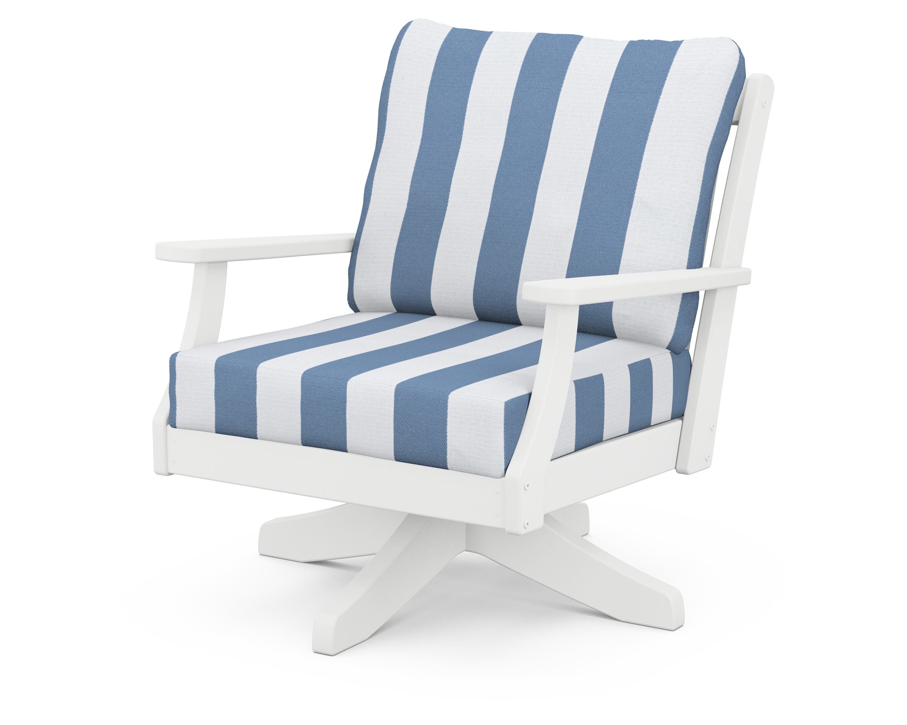POLYWOOD® Braxton Deep Seating Swivel Chair in White / Cabana Stripe Sky Blue