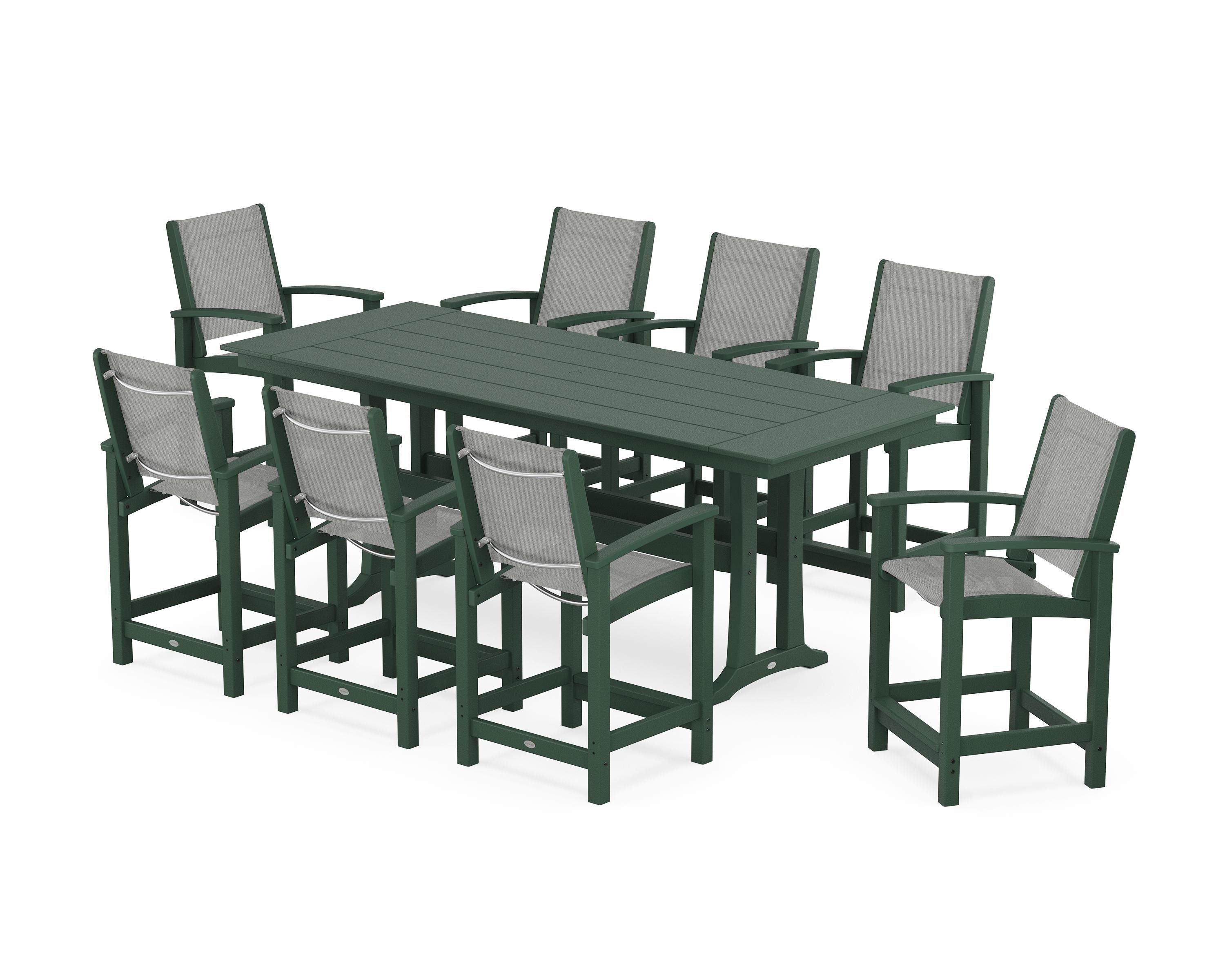 POLYWOOD® Coastal 9-Piece Farmhouse Counter Set with Trestle Legs in Green / Metallic Sling