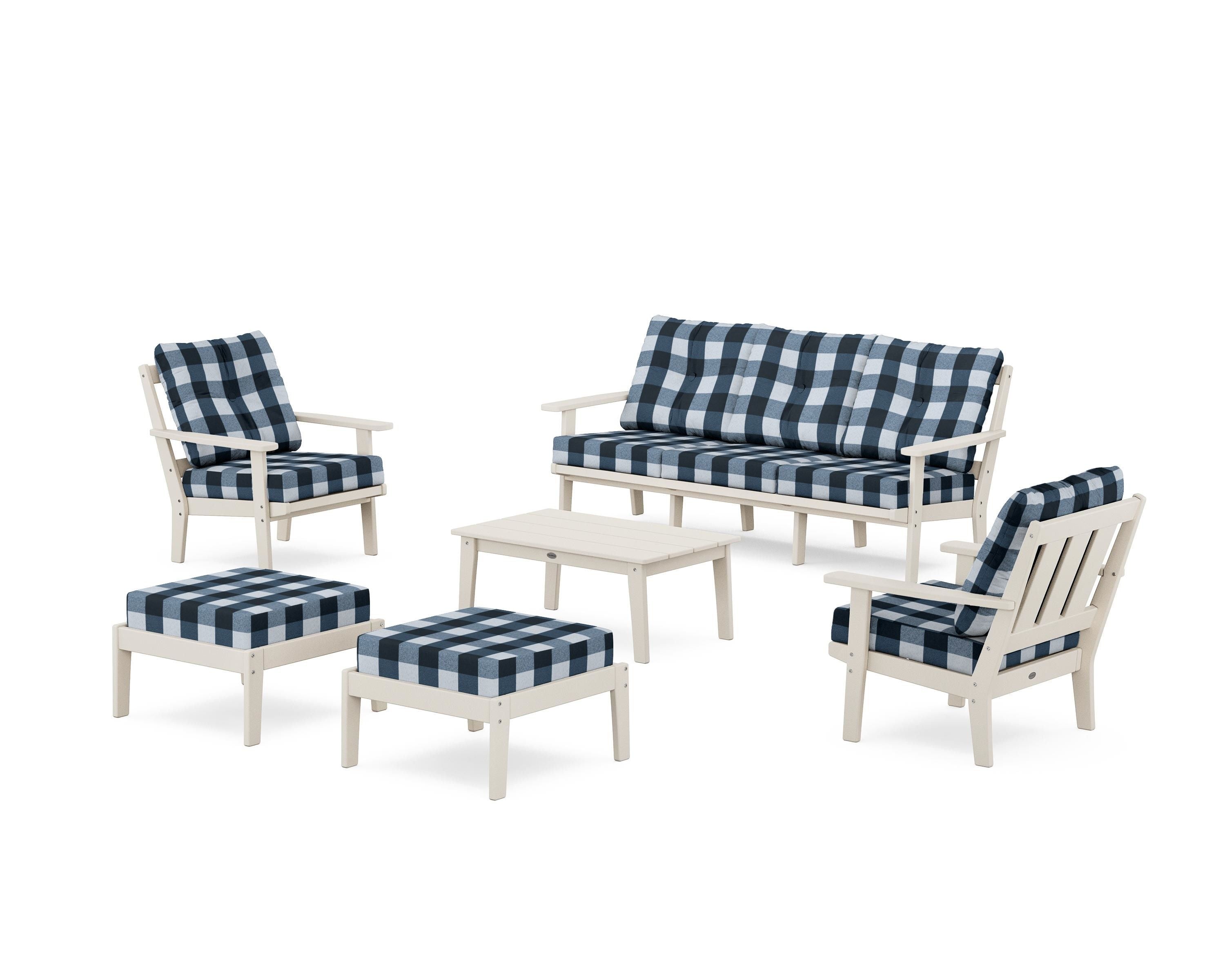 POLYWOOD® Oxford 6-Piece Lounge Sofa Set in Sand / Buffalo Plaid Marine Indigo