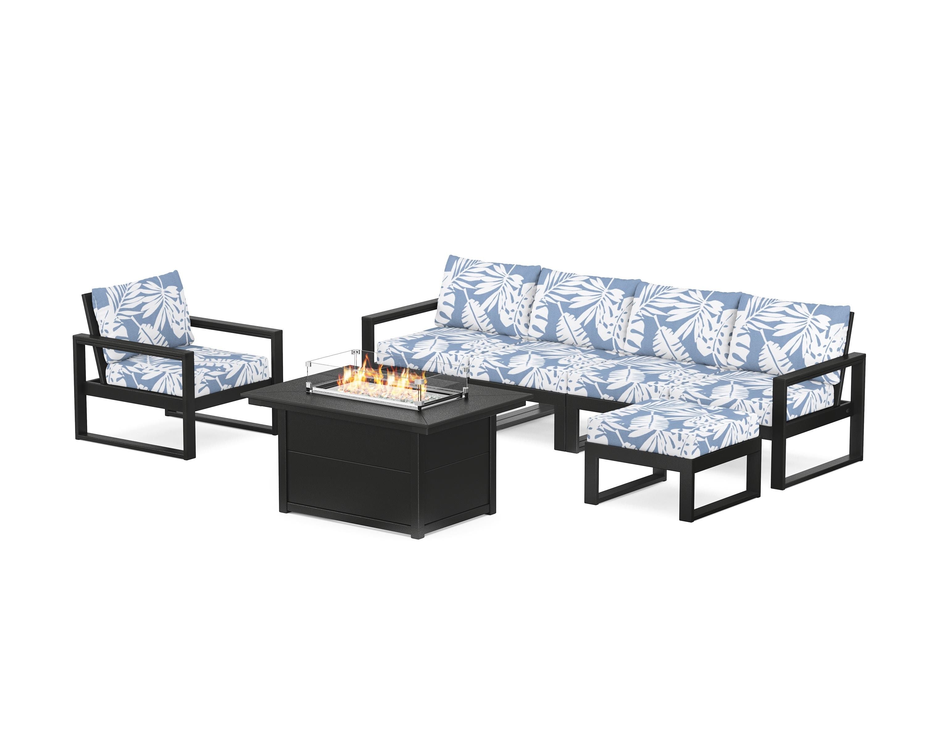 POLYWOOD® EDGE Sectional Lounge and Fire Pit Set in Black / Leaf Sky Blue