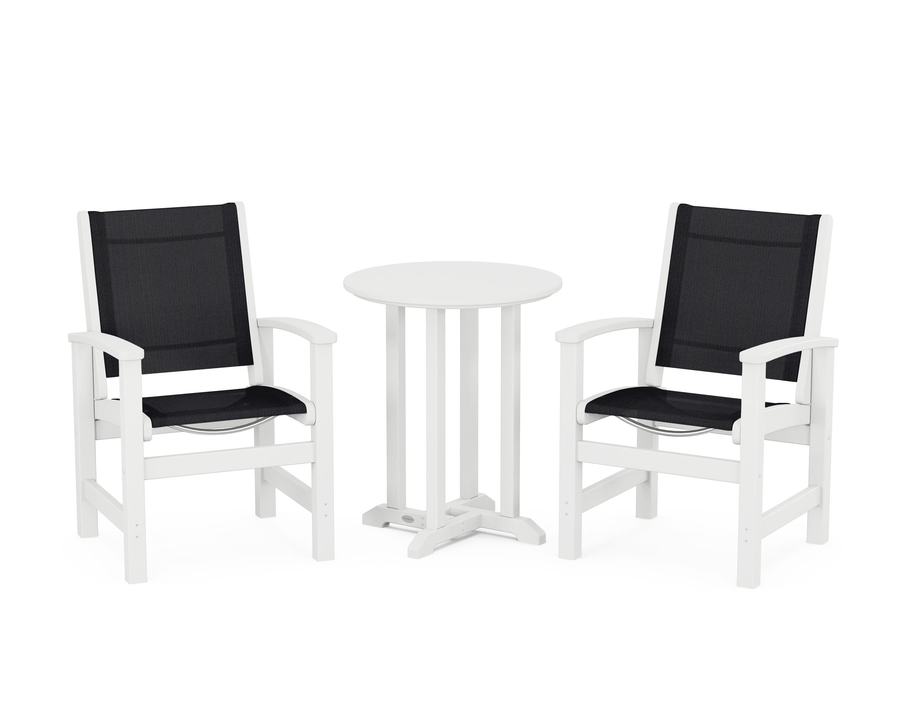 POLYWOOD® Coastal 3-Piece Round Bistro Dining Set in White / Black Sling