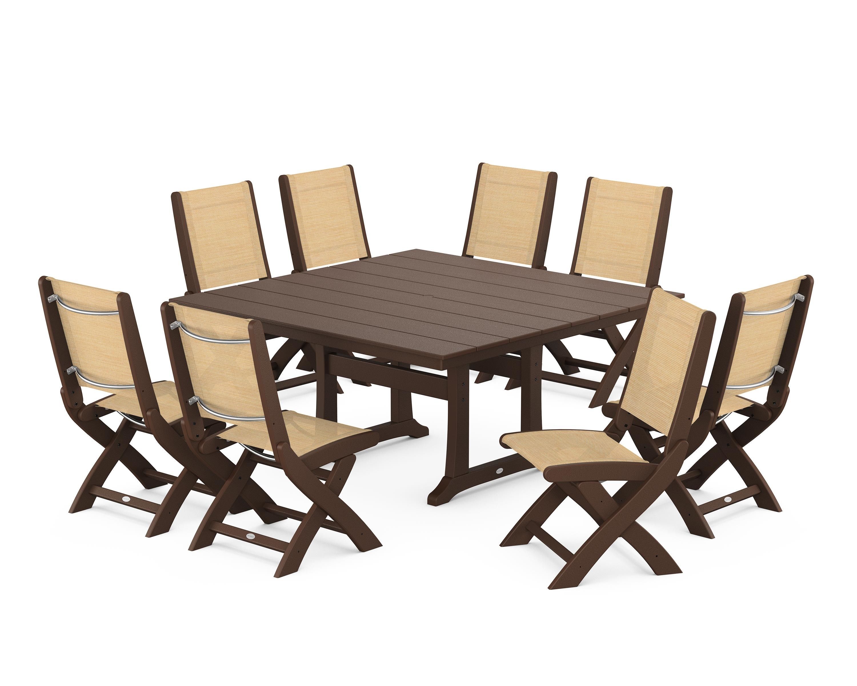 POLYWOOD® Coastal Folding Side Chair 9-Piece Farmhouse Dining Set in Mahogany / Dupioni Apricot Sling