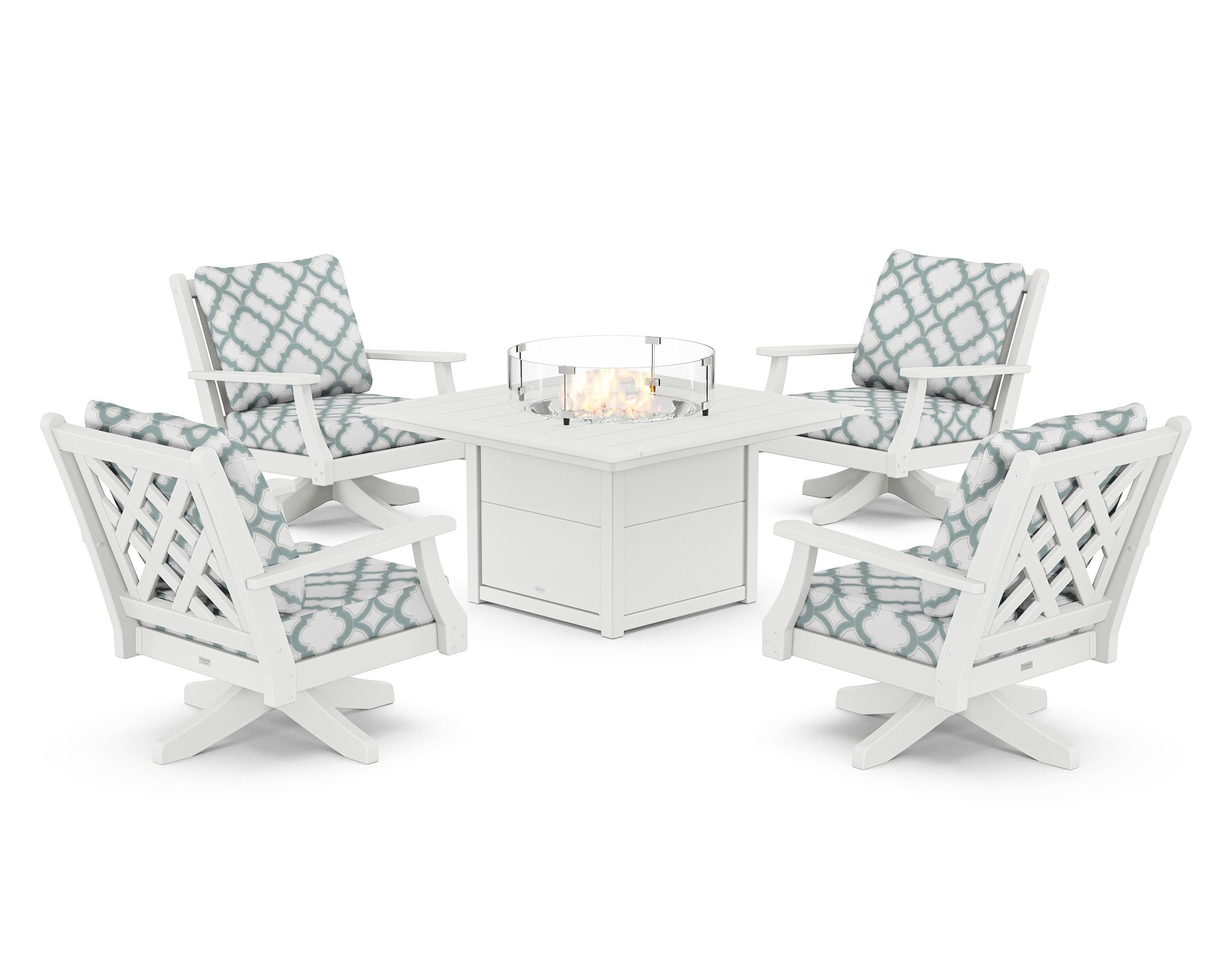 Country Living Wovendale 5-Piece Deep Seating Swivel Conversation Set with Fire Pit Table in White / Trellis Glacier Spa