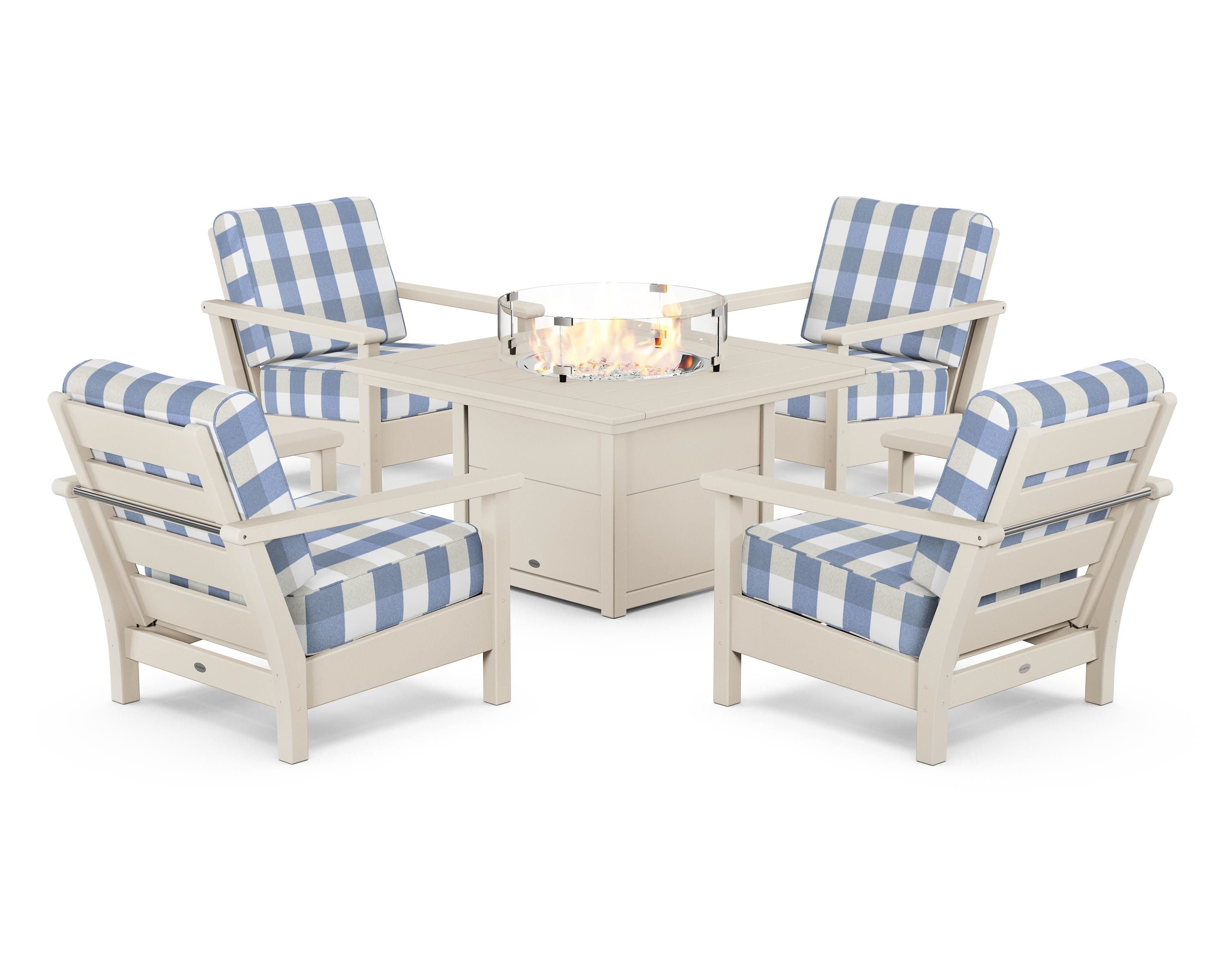 POLYWOOD® Harbour 5-Piece Conversation Set with Fire Pit Table in Sand / Buffalo Plaid Sky Blue