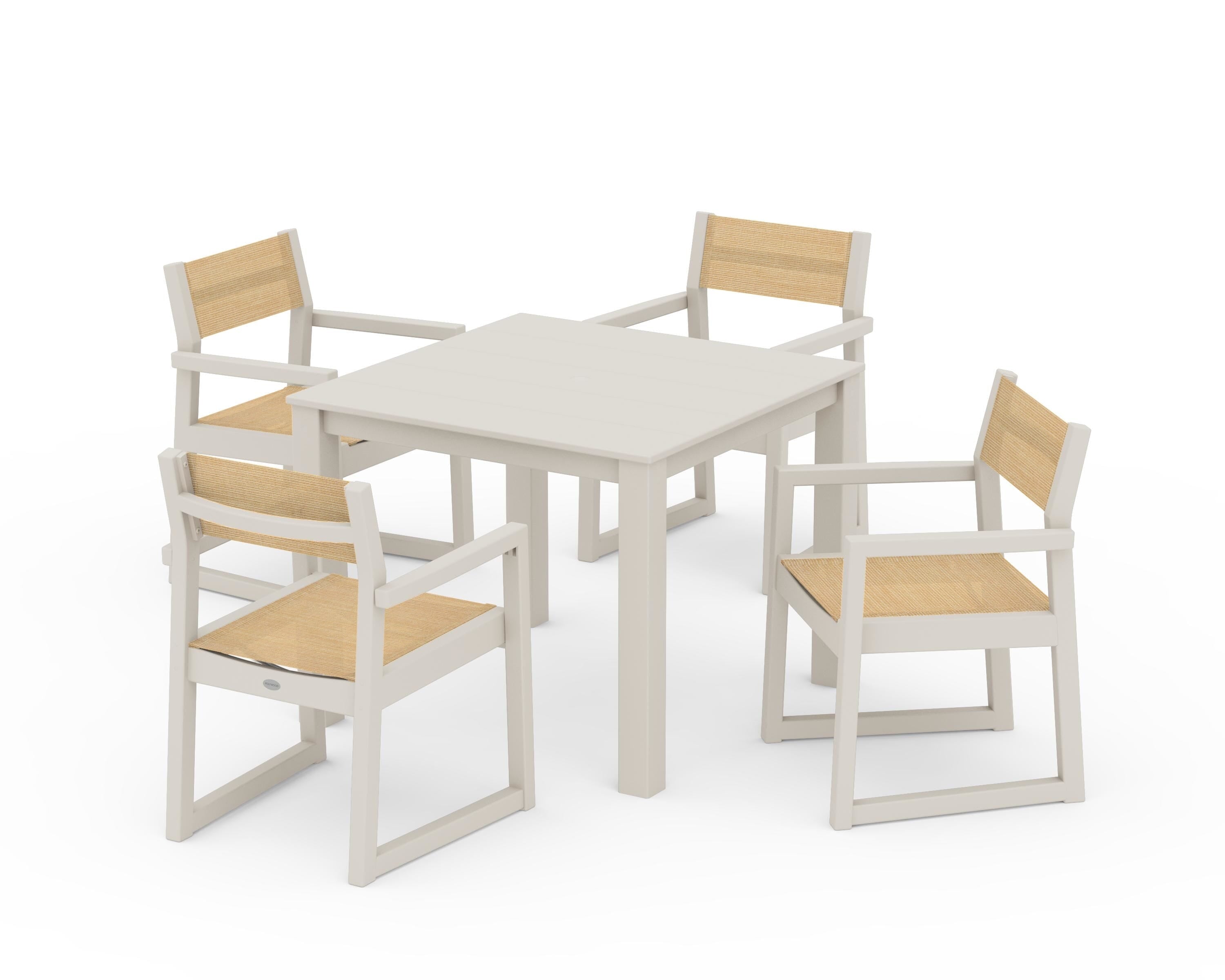 POLYWOOD® EDGE Sling Arm Chair 5-Piece Parsons Dining Set in Sand / Dupioni Apricot Sling