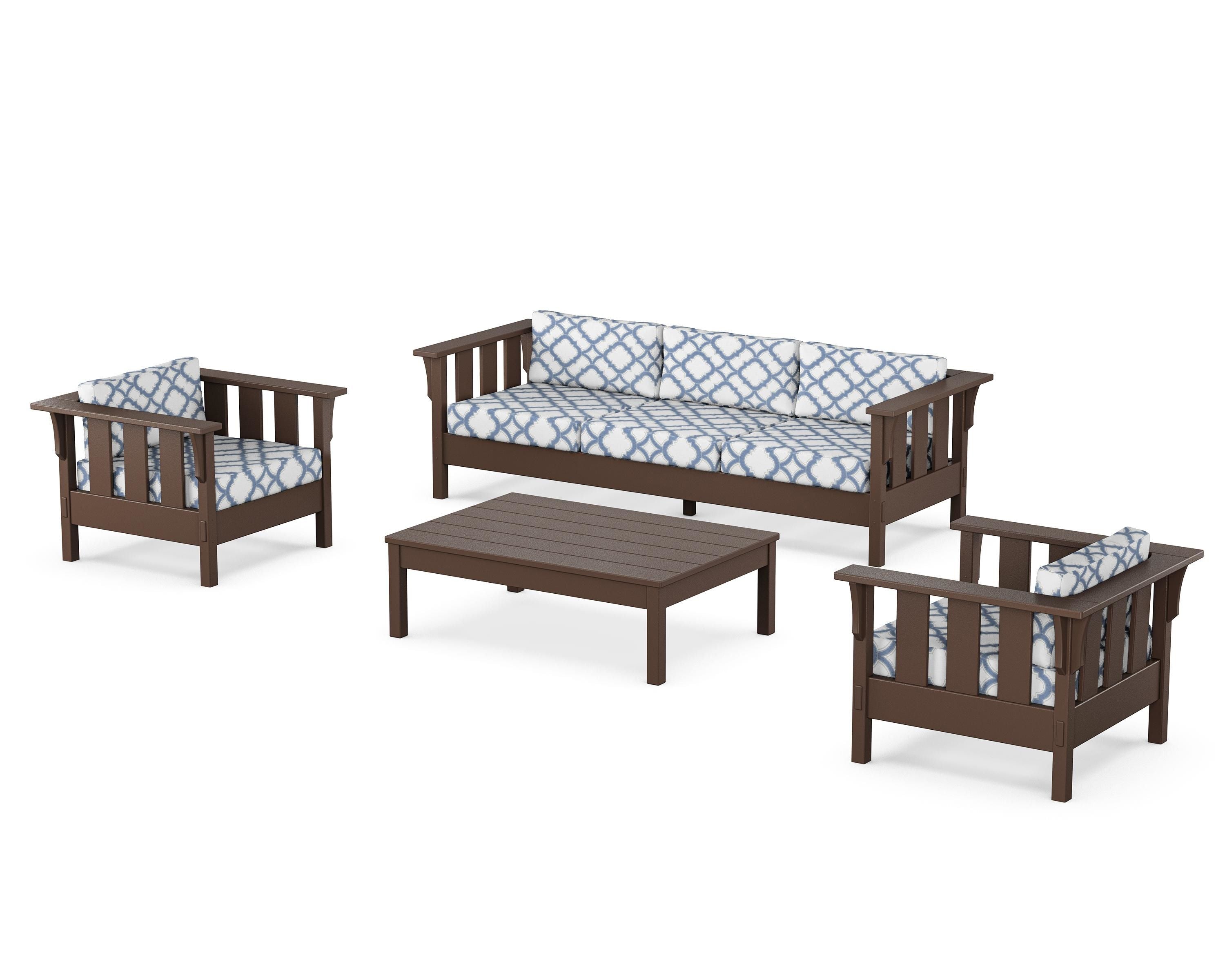Martha Stewart by POLYWOOD® Acadia 4-Piece Deep Seating Set with Sofa in Mahogany / Trellis Sky Blue