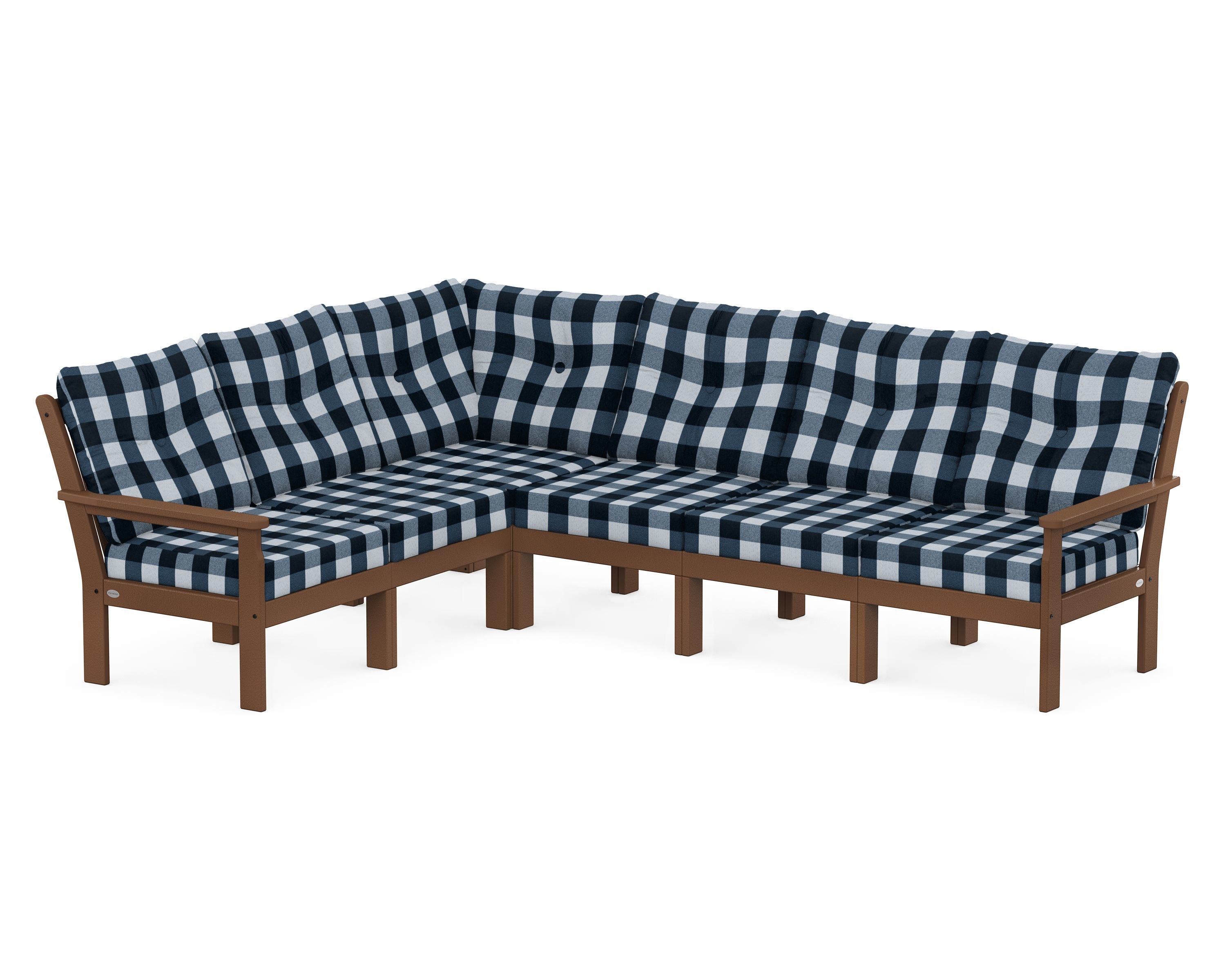 POLYWOOD® Vineyard 6-Piece Sectional in Teak / Buffalo Plaid Marine Indigo