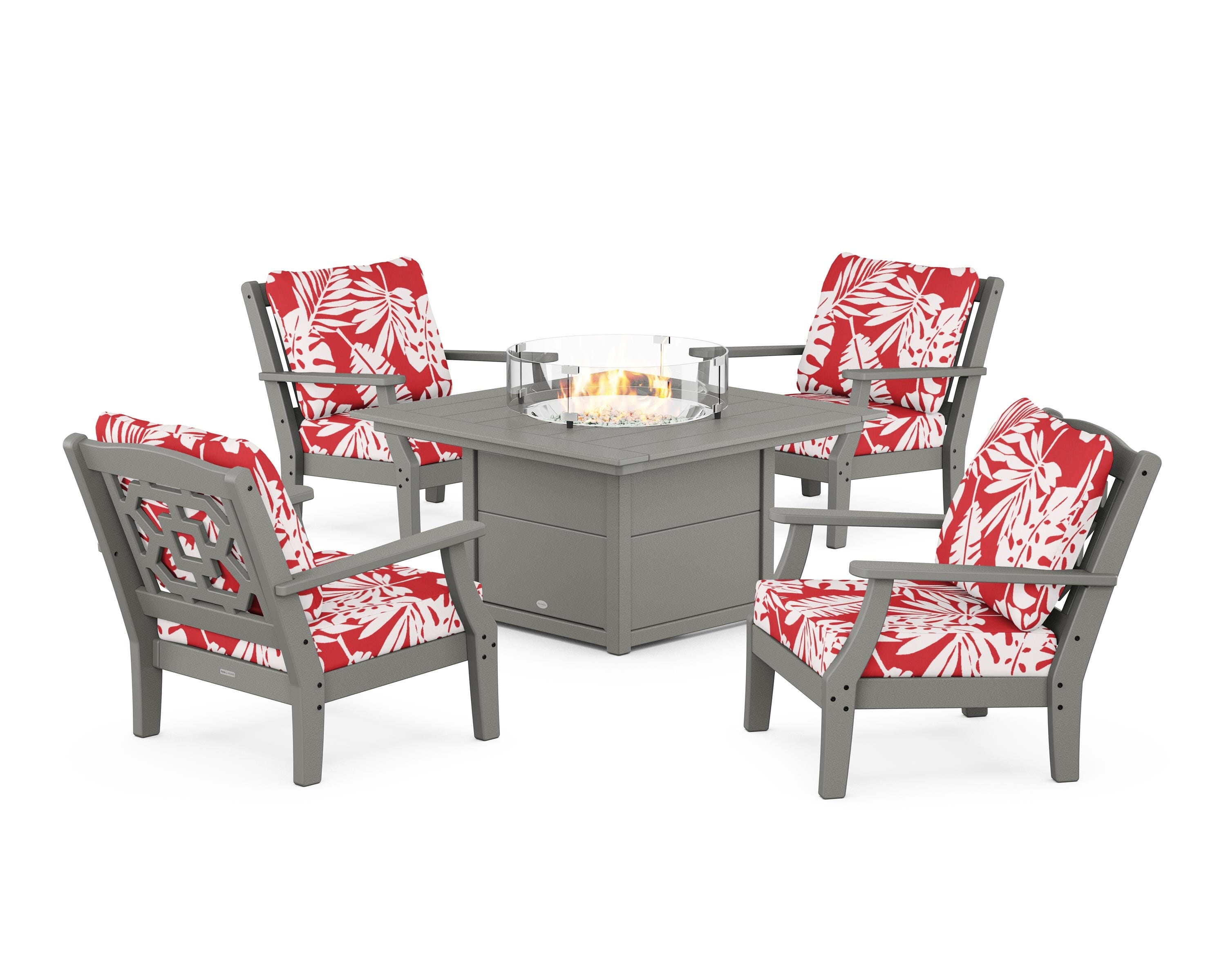 Martha Stewart by POLYWOOD® Chinoiserie 5-Piece Deep Seating Set with Fire Pit Table in Slate Grey / Leaf Crimson