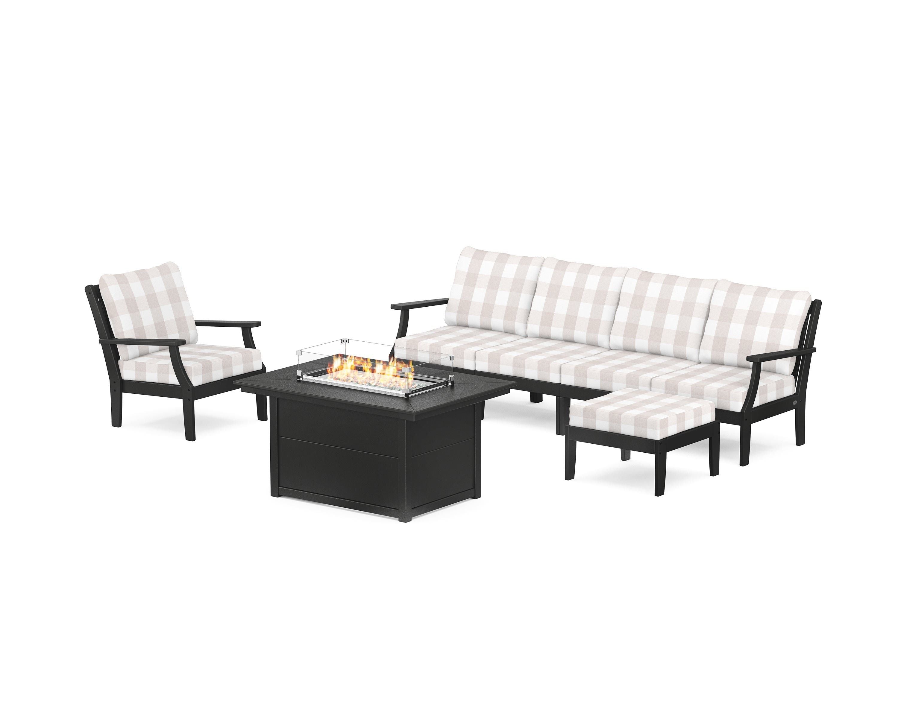 POLYWOOD® Braxton Sectional Lounge and Fire Pit Set in Black / Buffalo Plaid Dune Burlap