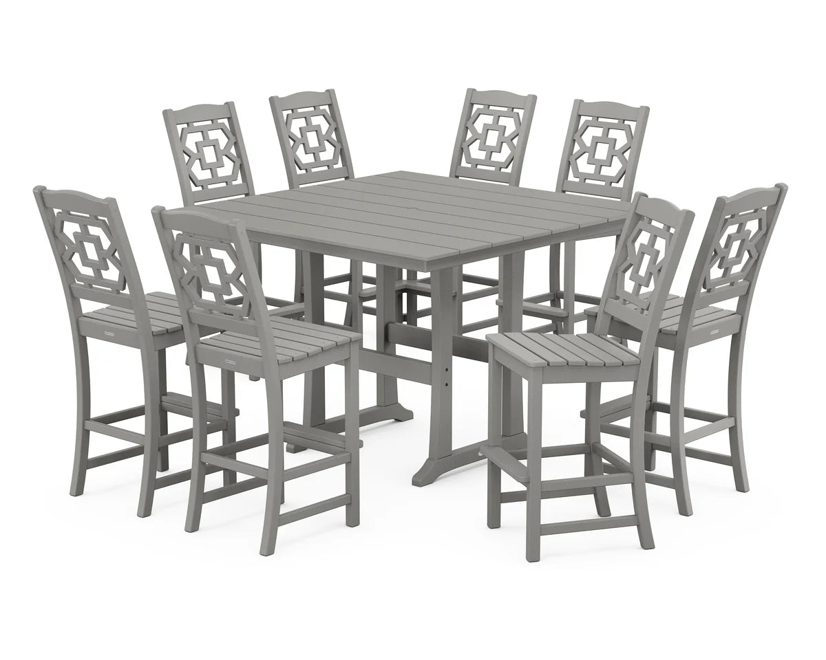 Chinoiserie 9-Piece Square Farmhouse Side Chair Bar Set with Trestle Legs