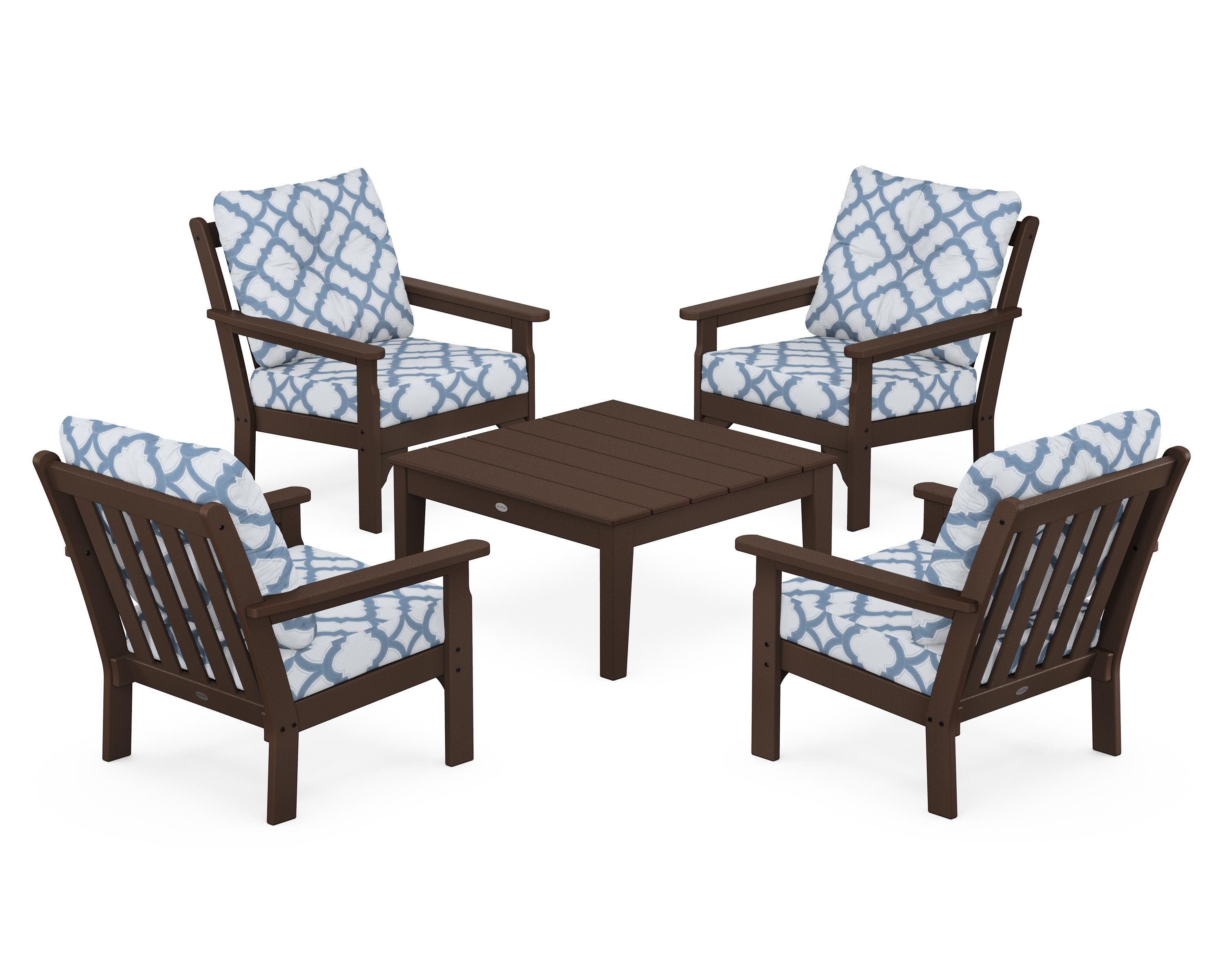 POLYWOOD® Vineyard 5-Piece Deep Seating Conversation Set in Mahogany / Trellis Sky Blue