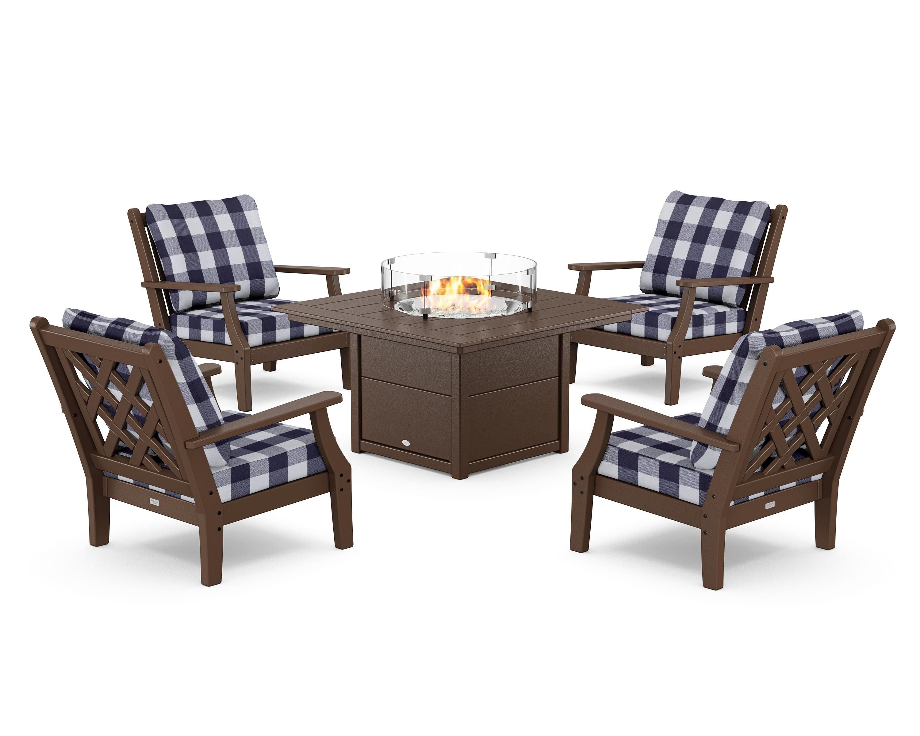 Country Living Wovendale 5-Piece Deep Seating Set with Fire Pit Table in Mahogany / Buffalo Plaid Navy
