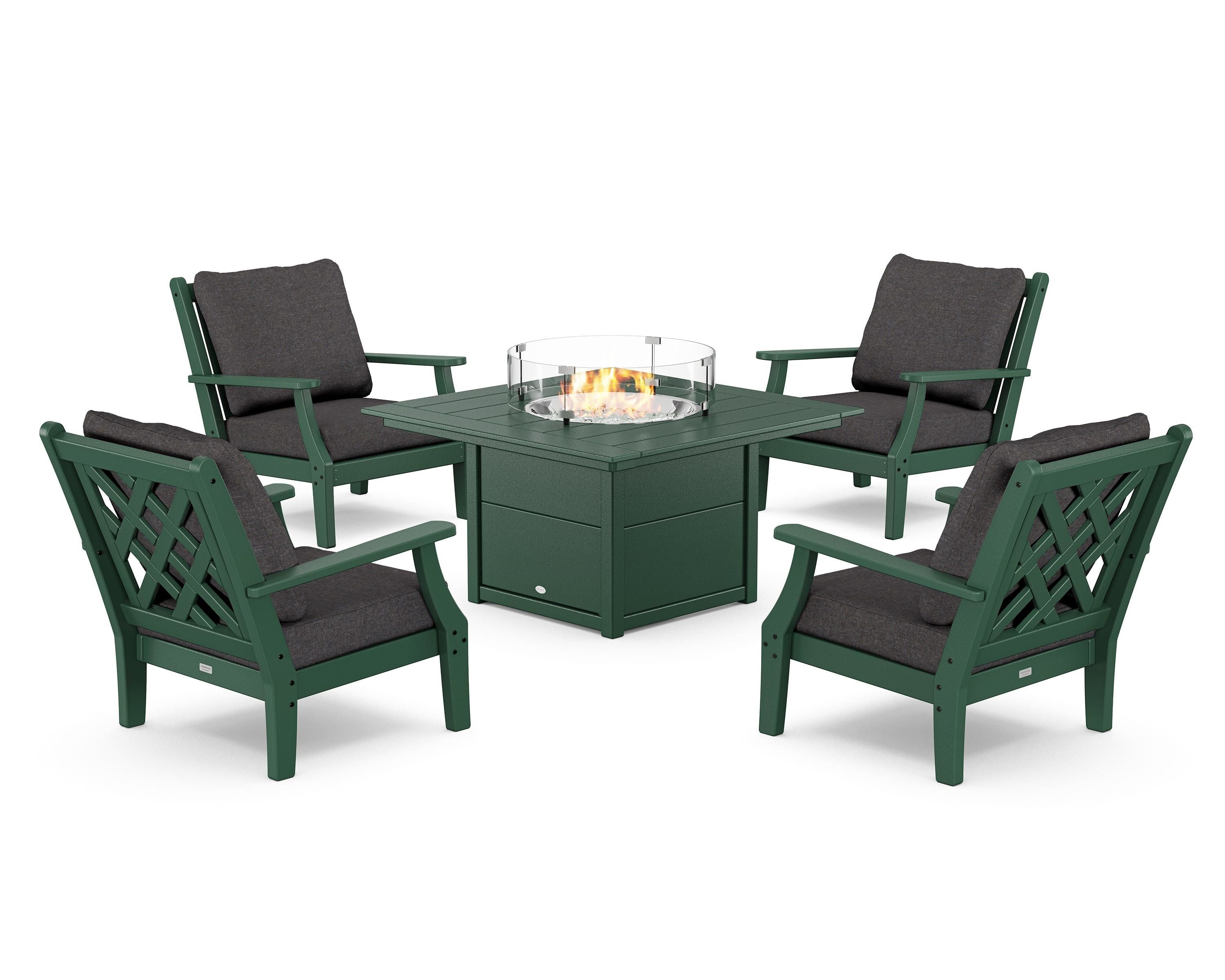 Country Living Wovendale 5-Piece Deep Seating Set with Fire Pit Table in Green / Ash Charcoal