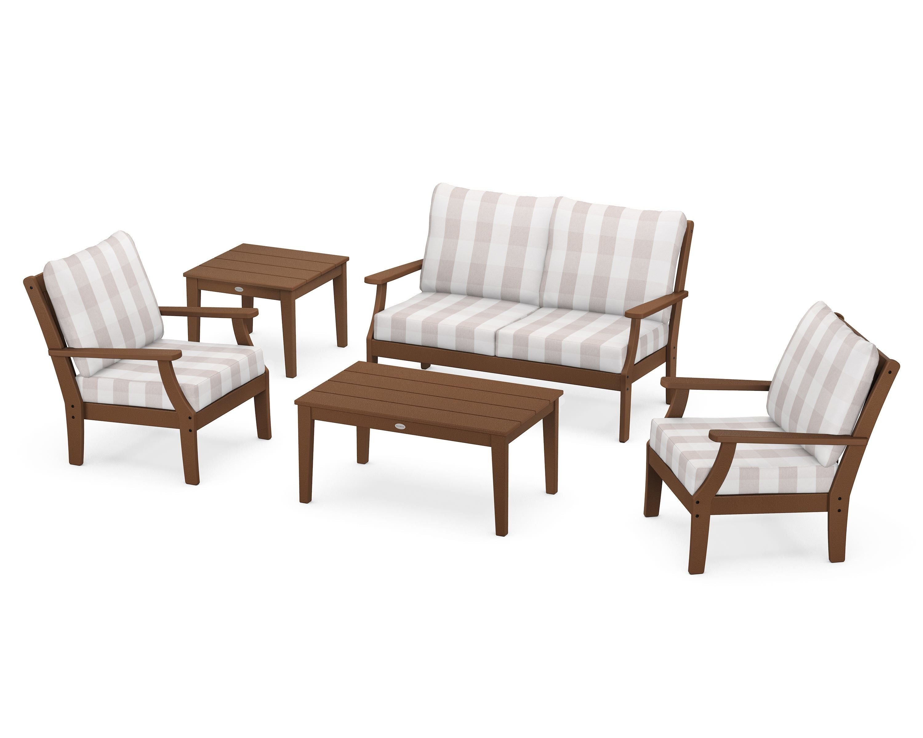 POLYWOOD® Braxton 5-Piece Deep Seating Set in Teak / Buffalo Plaid Dune Burlap